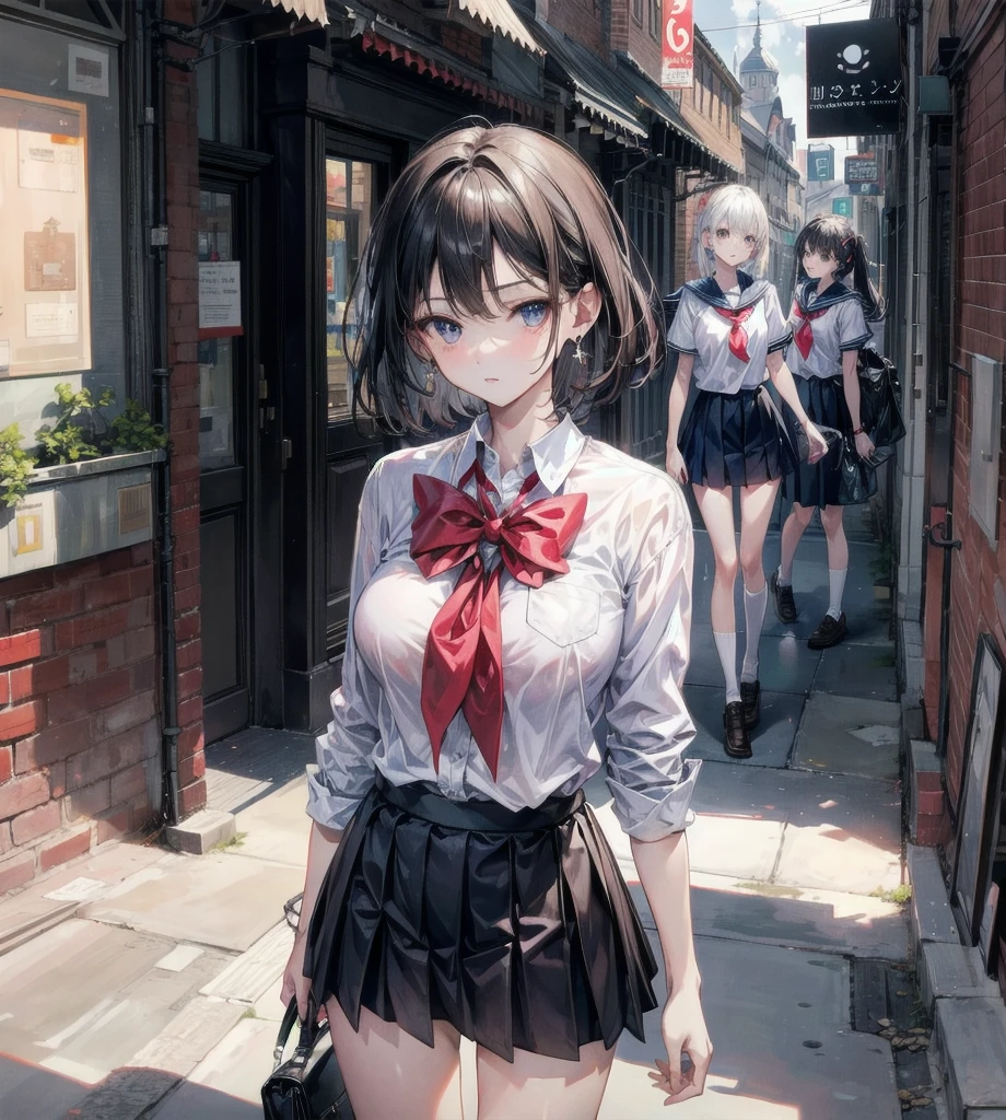 absurdres, RAW photo, extremely delicate and beautiful, masterpiece, Best Quality, ultra high resolution, 16k, hyperrealistic, ultra-detailed, (perfect anatomy), super Detailed skin, perfect figure, Very detailed CG 8k wallpaper, in her 20s, very Slim body, narrow waist, very small head, very small face, delicate facial features, tearful mole, mole on chest, earring, thin legs, (very huge round breasts), ((3 girls)), full body shot, short medium hair, (((school uniform))), sleeveless, outdoor,