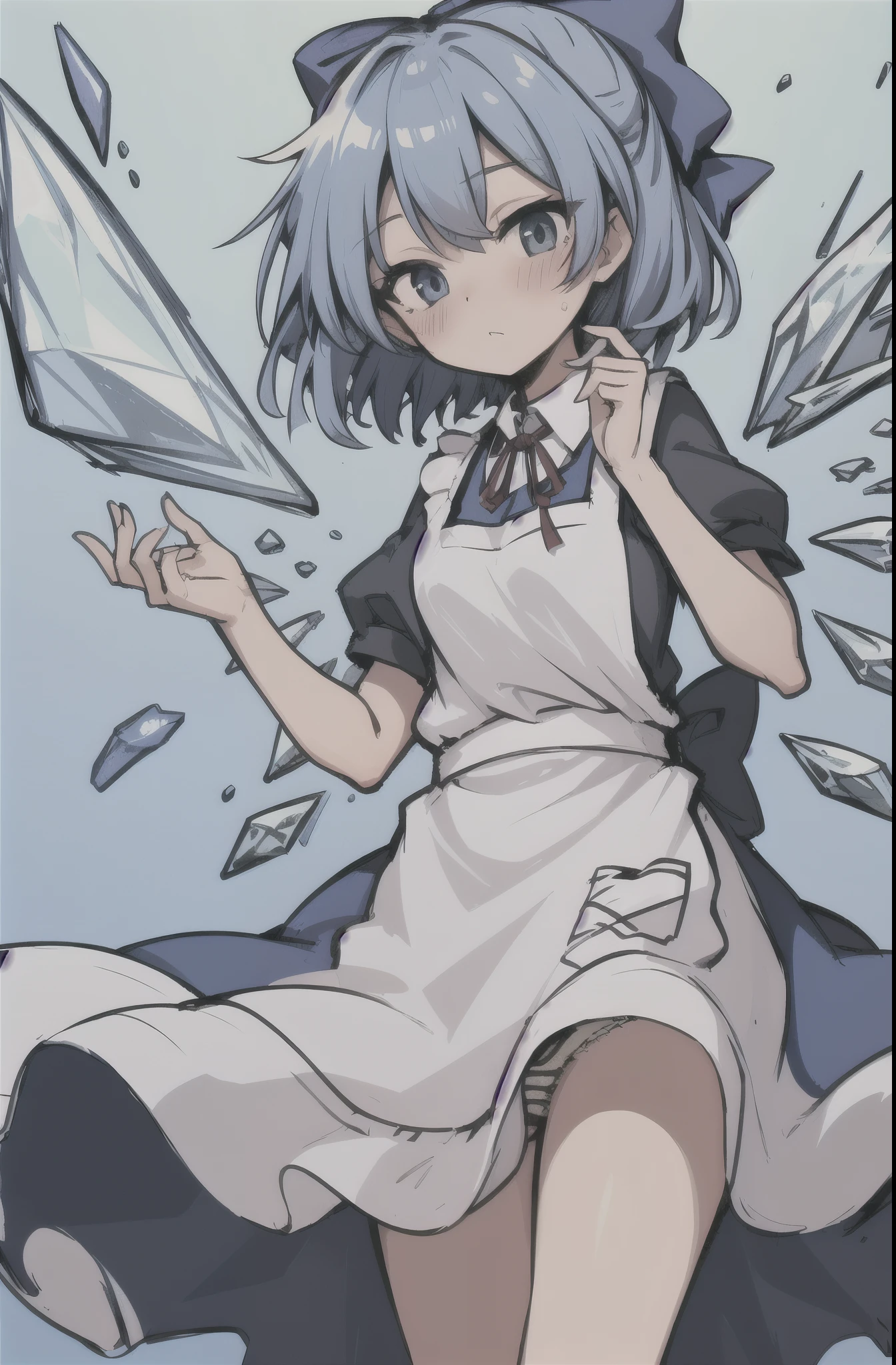 masterpiece, Cirno, Blue Hair, blue eyes, Blue ribbon, short hair, Hair Ribbon, Fairy Wings, Crystal Wing, bangs, White collared shirt, Puff short sleeves, Blue clothes, Apron dress, Red ribbon, Neck ribbon, Wings of Ice, skirt,Tucked up,Panties,blush,nsfw