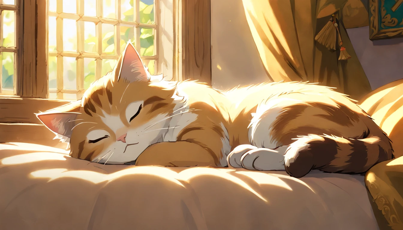 a sleeping cat sprawled on a bed, soft fluffy fur, curled up in a cozy position, sunlight filtering through window, detailed feline features, ambient lighting, photorealistic, high quality, intricate detail, masterpiece