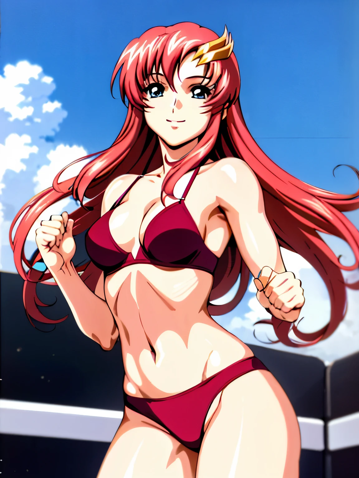 lacus4, (red bikini, running, thong, thin girl, masterpiece, cowboy shot, very slim shoulders, 4K, Best Quality, Anime style: 1.9, happy, Adult Woman, (ultra detailed head), (Crowd, cloud background), Drawing lines, high resolution, lacus4), 1girl, Solo, curvy figure, clavicle, scapular, (Detailed wide hair bangs, Hair Ornament, Detailed reddish-pink hair, shiny streaks, slim arms, detailed golden crest), cleavage, large hands, (hair cover shoulders). (Big blue eyes, shiny eyes), ((female wrestler, (slim body), slim arms, closed fists, thighs)), ((perfect proportions, medium-small breasts, medium thighs, long belly)), ((totally red bra)), smile with a wink, (standing, hot colors), detailed fingers, (bare shoulders)