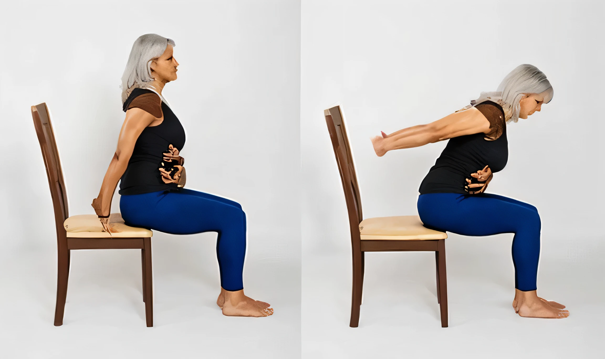 a black old woman seated on a chair doing Seated Heart Opener chair yoga