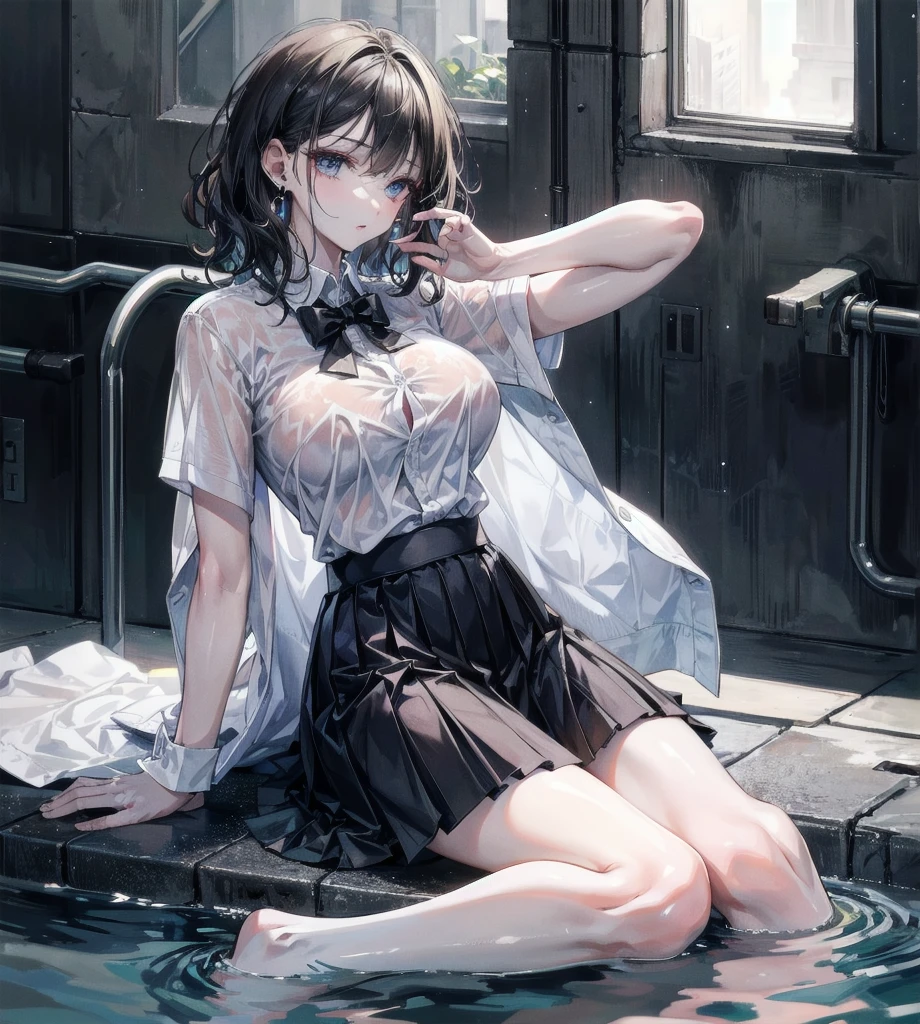 absurdres, RAW photo, extremely delicate and beautiful, masterpiece, Best Quality, ultra high resolution, 32k, hyperrealistic, ultra-detailed, detailed description, perfect anatomy, pale skin, 20 years old, detailed beautiful face and eyes, tearful mole, earring, short medium hair, wavy hair, full body shot, colossal tits, school_uniform, dress shirt, pleats skirt, in School Pool, wet,