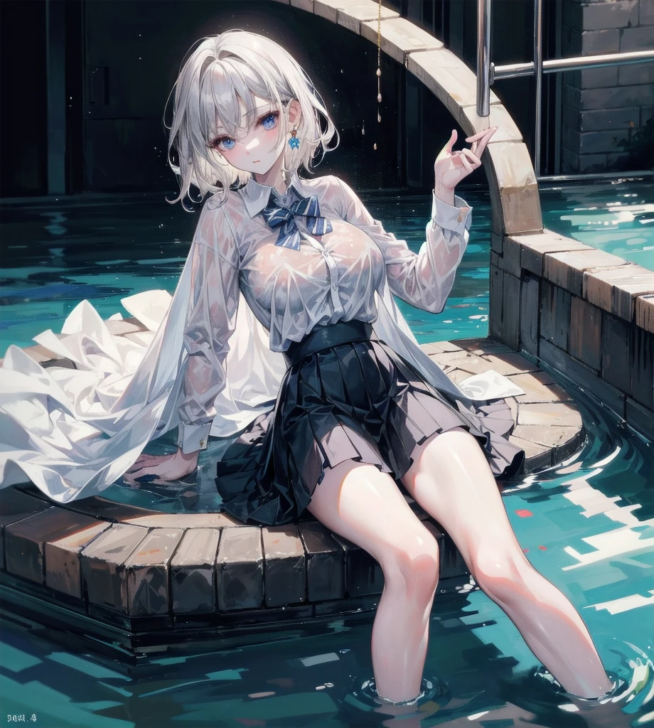 absurdres, RAW photo, extremely delicate and beautiful, masterpiece, Best Quality, ultra high resolution, 32k, hyperrealistic, ultra-detailed, detailed description, perfect anatomy, pale skin, 20 years old, detailed beautiful face and eyes, tearful mole, earring, short medium hair, wavy hair, full body shot, colossal tits, school_uniform, dress shirt, pleats skirt, in School Pool, wet,