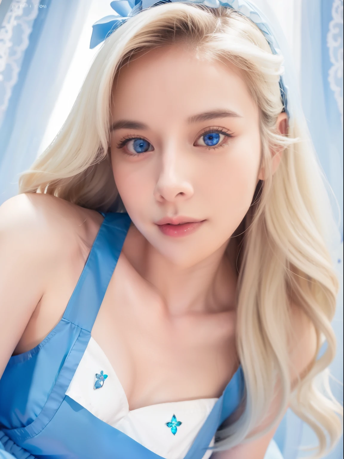 top quality、Ultra A high resolution、picture、귀여운 소녀의 picture、Detailed, cute and beautiful face、(pure face_v1:0.008)、Alice in Wonderland、14 years、White-glowing skin、Platinum blonde super long straight hair、beautiful big blue eyes、forehead、white apron、blue dress、Playing card pattern background、without makeup