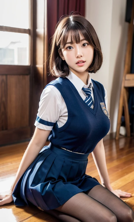 Ulzzang-6500-v1.1, (RAW Photos:1.2), (Realistic:1.4), Beautiful detailed girl, Very detailed eyes and face, Beautiful fine details, Ridiculous, incredibly Ridiculous, Large file size, Very detailed, High resolution, Very detailed, highest quality, masterpiece, kemomimi, ((Japanese high school girls uniform)), figure, Very detailed, CG, Unified, 8k wallpaper, wonderful, Fine details, masterpiece, highest quality, Very detailed CG uniform 8k wallpaper, Light on the face, Cinema Lighting, One girl, 20-year-old,((Dynamic pose)), (pantyhose), (Sit with your knees bent)、Ample breasts、Plump Ass、Short sleeve uniform、Short Hair、Slightly brown hair color