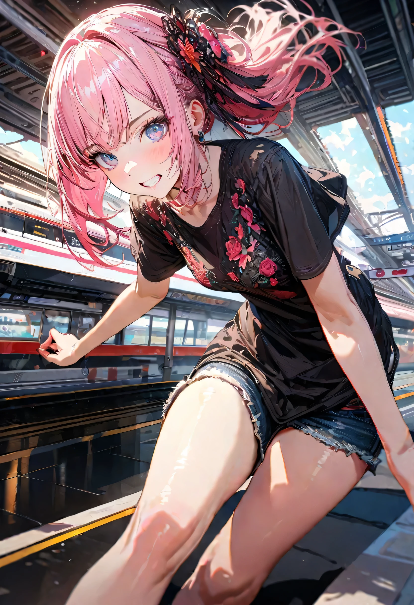 (masterpiece), (highest quality), (High resolution), detailed, (Complex detailed 1.2), (Hyper detailed 1.4), (Gorgeous Digital Art 1.2), Absurd, One girl, Small breasts, teeth, hair ornaments, alone, Pink Hair, (Black Shirt:1.3), jeans, (station:1.2) running, Thighs, Short Stack,