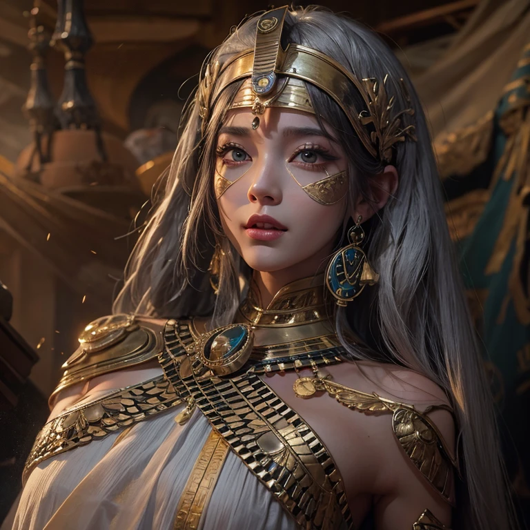 Standing in an ancient Egyptian cave、Hair blowing in the wind 、 ((highest quality、masterpiece、8k、Best image quality、Ultra-high resolution、Award-winning works)、(Accurate anatomy:1.1)、(Look at me and smile:1.0)、Shining fair skin with Ultra-high resolution、The most detailed face、Ultra-high resolution detailed face、Ultra-high resolutionの髪の毛、(Ultra-high resolution eye:1.1)、Beautiful face drawn in every detail、Ancient Egyptian costumes, Chest to chest,  Dark atmosphere,Dark atmosphere, Ancient Egyptian makeup, 