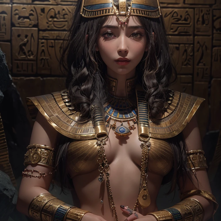 Standing in an ancient Egyptian cave、Hair blowing in the wind 、 ((highest quality、masterpiece、8k、Best image quality、Ultra-high resolution、Award-winning works)、(Accurate anatomy:1.1)、(Look at me and smile:1.0)、Shining fair skin with Ultra-high resolution、The most detailed face、Ultra-high resolution detailed face、Ultra-high resolutionの髪の毛、(Ultra-high resolution eye:1.1)、Beautiful face drawn in every detail、Ancient Egyptian costumes, Chest to chest, Dark atmosphere,Dark atmosphere, Ancient Egyptian makeup,