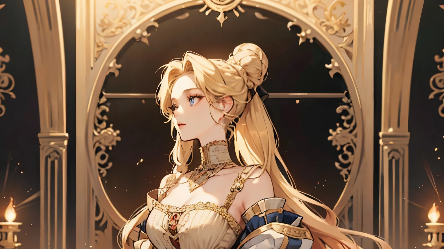 Beautiful aristocratic woman of victorian era, Europe in the 18th century, Long blond hair,Exquisite high bun braid hairstyle, curls, elegant ballroom dress, Standing in the luxurious banquet hall, Delicate and meticulous, 8K, Reality, Dramatic Lighting, high quality, Complex design, classical portrait