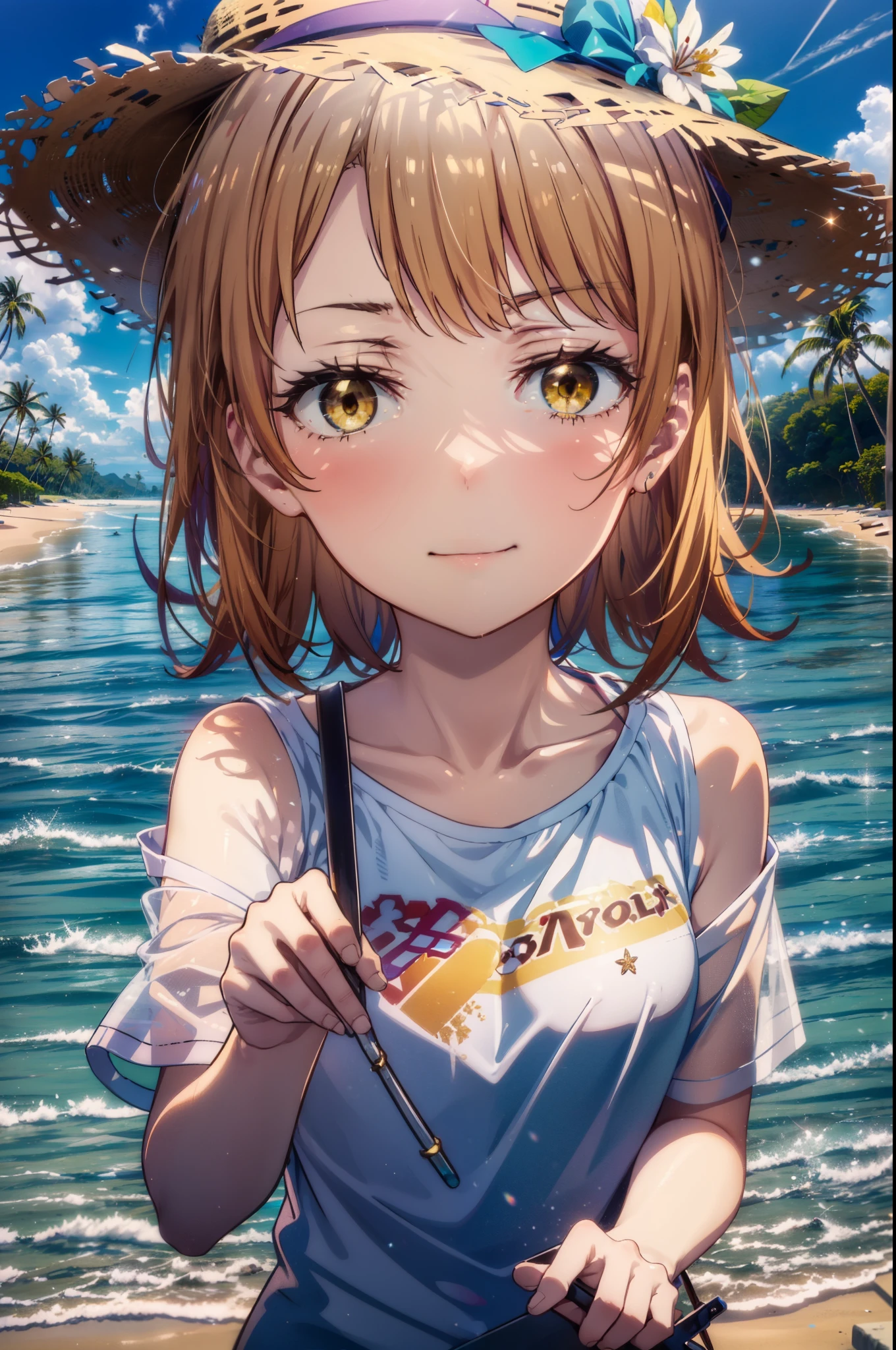 irohaisshiki, iroha isshiki, short hair, Brown Hair, (Brown eyes:1.5), smile,Yellow string bikini swimsuit,Oversized shoulder t-shirt,barefoot,Big straw hat,Palm tree,Clear skies,whole bodyがイラストに入るように,
break outdoors, Beach,Sandy Beach,
break looking at viewer,whole body,(Cowboy Shot:1. 5)
break (masterpiece:1.2), highest quality, High resolution, unity 8k wallpaper, (figure:0.8), (Beautiful fine details:1.6), Highly detailed face, Perfect lighting, Highly detailed CG, (Perfect hands, Perfect Anatomy),