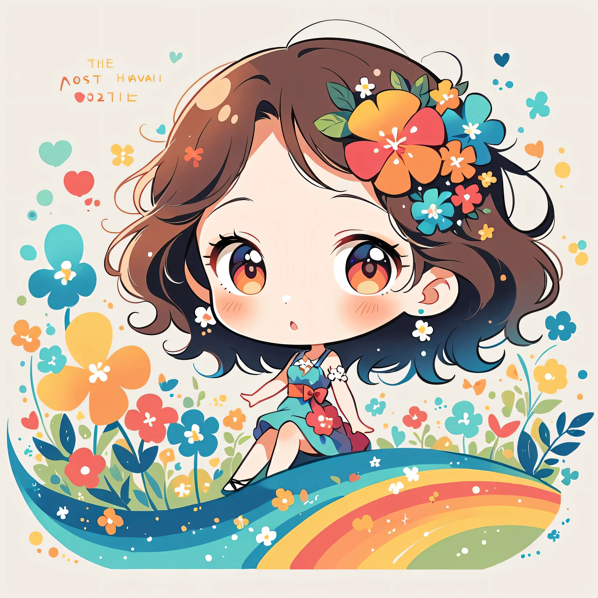 Mai Yoneyama Style、The most beautiful girl of all time、Lips in Love、Colorful flowers、Simple line initials、Abstract art、Hawaii Background, (((chibi))),