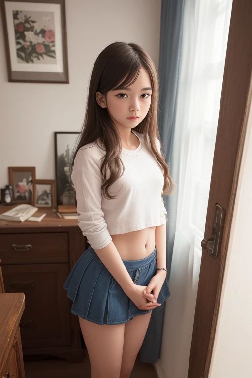 (((UHD, masterpiece, super detail, high details, high quality, best quality, highres, 1080P, 16k))), ((small flat, girl)), mini skirt, glutes, room