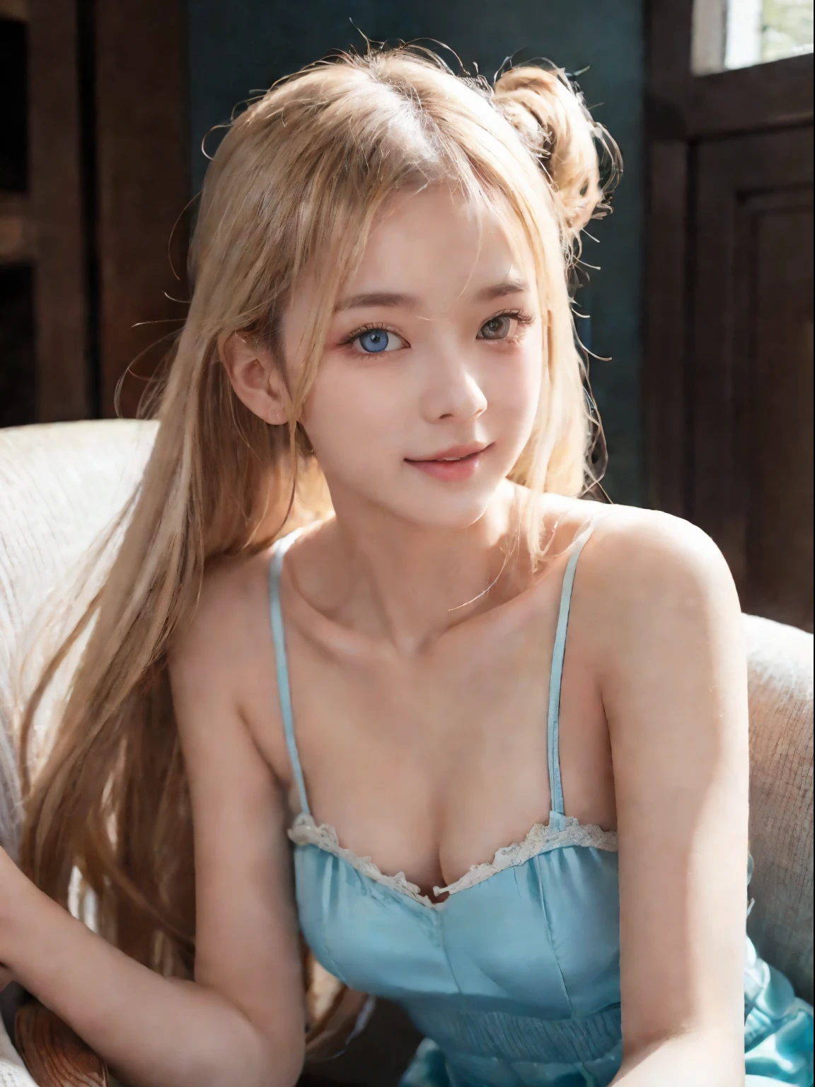 bright expression、photorealism、best quality、Ultra A high resolution、painting、Photos of the most beautiful Scandinavian rexic girls、A cute and beautiful face down to the last detail、small face、(Purelos Face_v1:0.008)、beautiful bangs、Alice in Wonderland、17 diant white skin、ponytail、bangs on face、Barred、hair between eyes、very long hair、Glamorous light platinum blonde super long silk hair、Beautiful, bright and transparent sky blue big eyes are charming and shining、、、eyeliner、double eyelid、sit on a chair。
