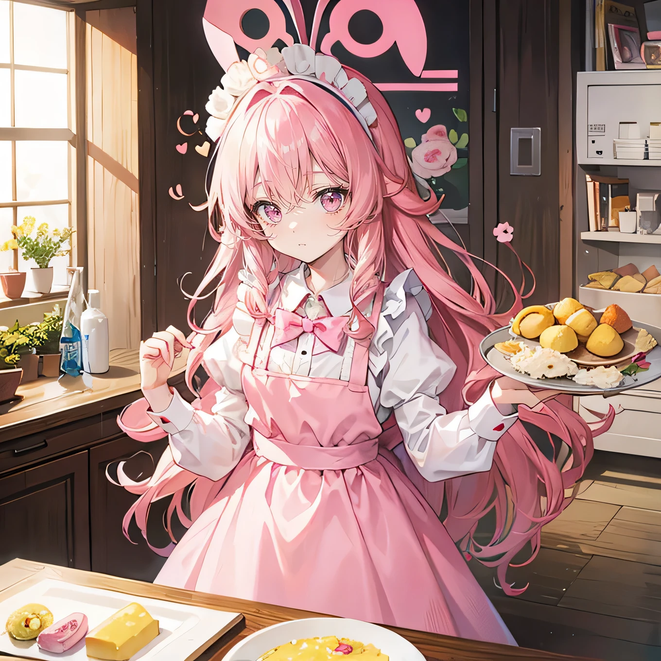 Pink long hair,Curly hair,Headdress,Maid clothes,Bunny ears,Omelette rice
