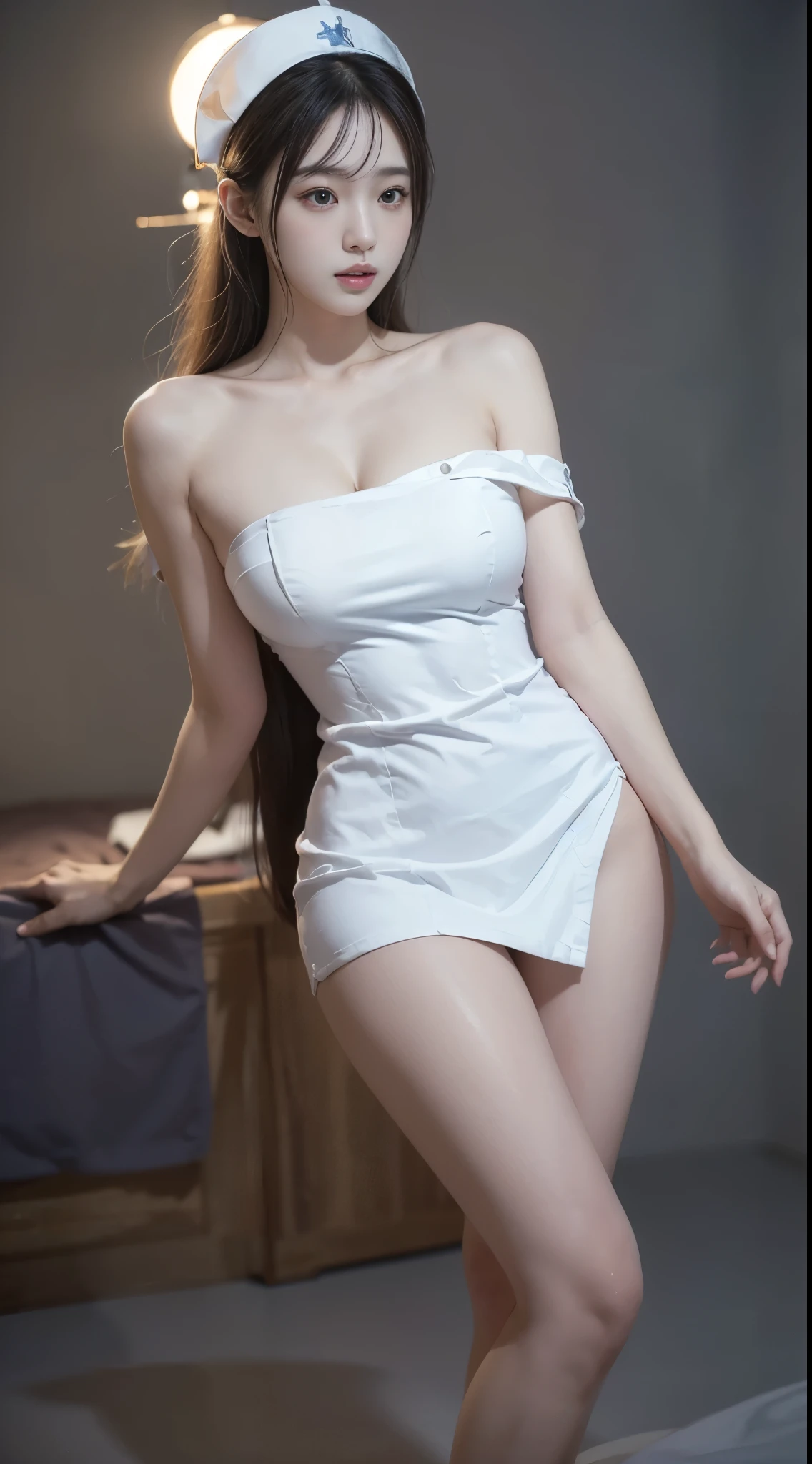 nurse,nurse_uniform, ((cowboy shot)), ((Bare shoulder)), ((Short hemlines, sexy long legs)), realistic detailed photo of a giant breasted girl with exposed shoulders, detailed fingers, high quality skin, red eyes, alone in a winter scene with clouds, wind, and flowing hair, (best quality,4k,8k,highres,masterpiece:1.2),ultra-detailed,(realistic,photorealistic,photo-realistic:1.37),studio lighting,vivid colors