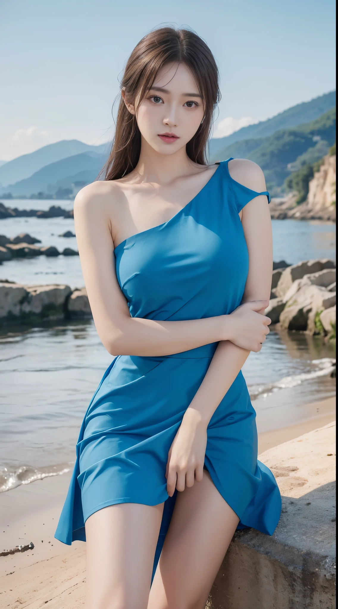 blue uniform, msc, bwc, schoollogo, ((cowboy shot)), ((Bare shoulder)), ((Short hemlines, sexy long legs)), realistic detailed photo of a giant breasted girl with exposed shoulders, detailed fingers, high quality skin, red eyes, alone in a winter scene with clouds, wind, and flowing hair, (best quality,4k,8k,highres,masterpiece:1.2),ultra-detailed,(realistic,photorealistic,photo-realistic:1.37),studio lighting,vivid colors