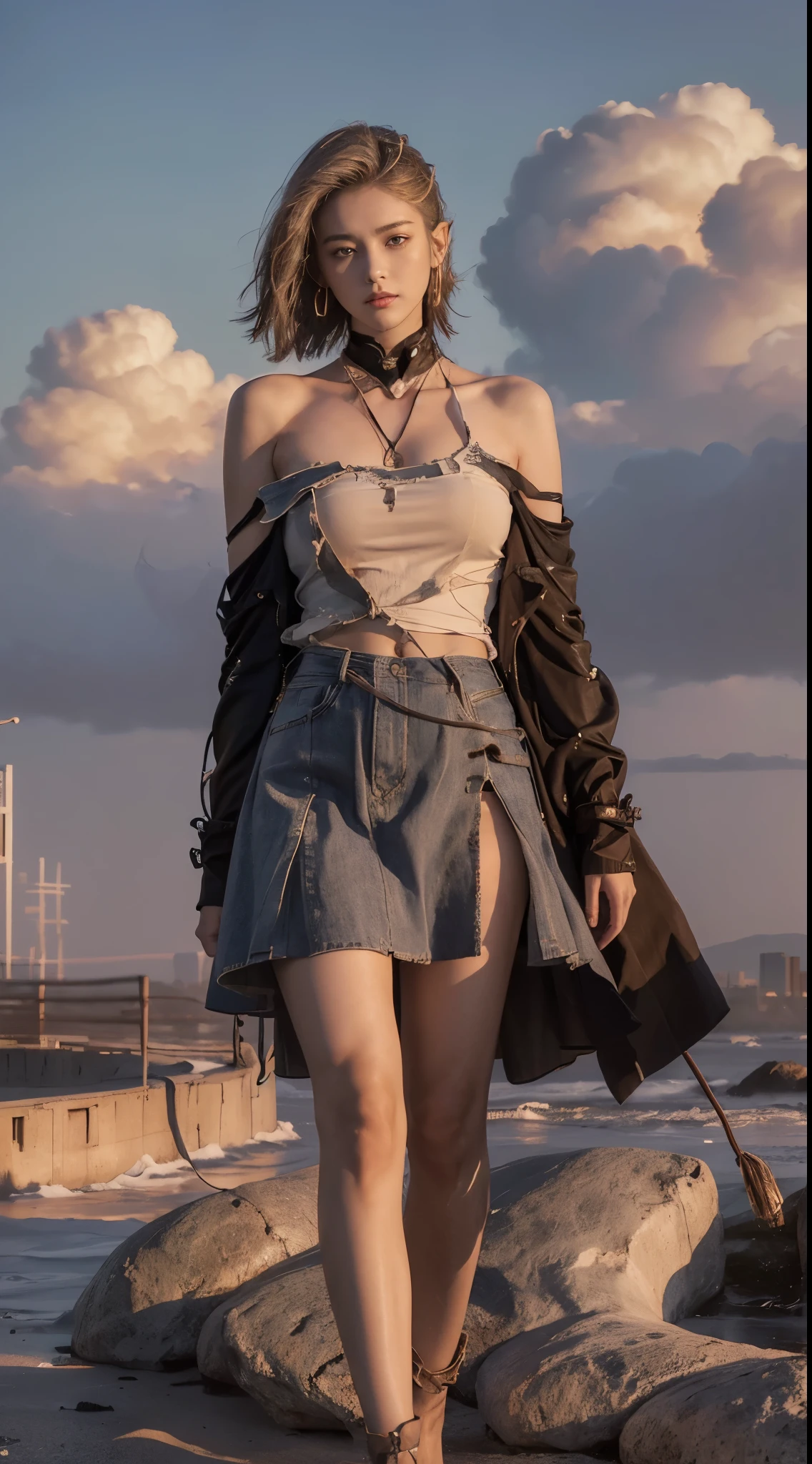 penance,eyewear on head, tinted eyewear, ((cowboy shot)), ((Bare shoulder)), ((Short hemlines, sexy long legs)), realistic detailed photo of a giant breasted girl with exposed shoulders, detailed fingers, high quality skin, red eyes, alone in a winter scene with clouds, wind, and flowing hair, (best quality,4k,8k,highres,masterpiece:1.2),ultra-detailed,(realistic,photorealistic,photo-realistic:1.37),studio lighting,vivid colors