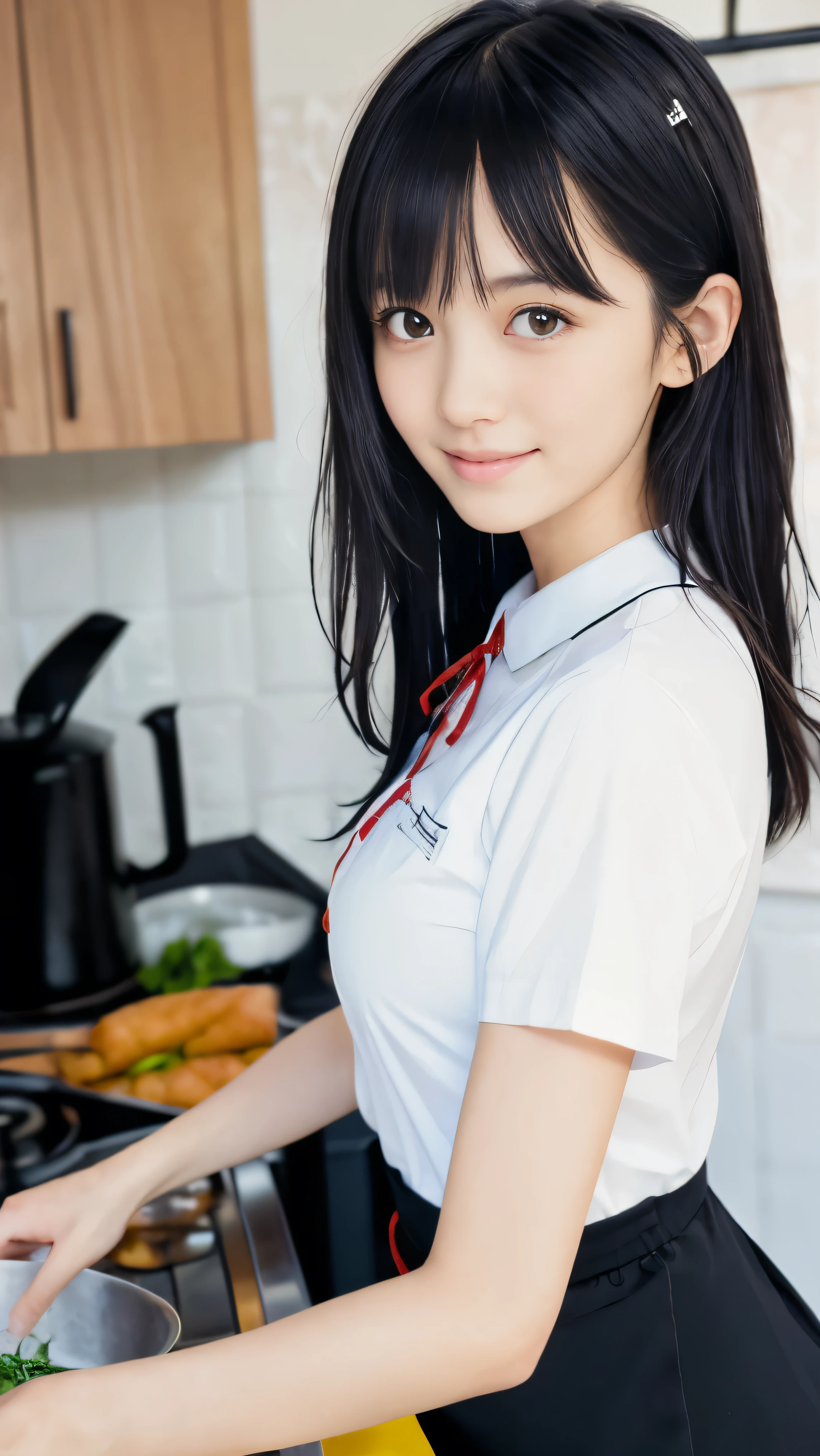 (Close up portrait of slender small breasts two side up black medium hair with bangs girl:1.5)、(One girl is cooking for dinner in the kitchen with small smile in white shirt with colorful apron:1.5)、(8k ultra detailed master piece:1.5)、(perfect anatomy:1.5)、(Photorealistic stick:1.5)、(Raw photo:1.3)、(highest quality:1.5)、(High resolution:1.3)、(Delicate and beautiful perfect face:1.3)、(Delicate and beautiful eye air skin:1.3)、(Real Human Skin:1.3)、((thin legs))