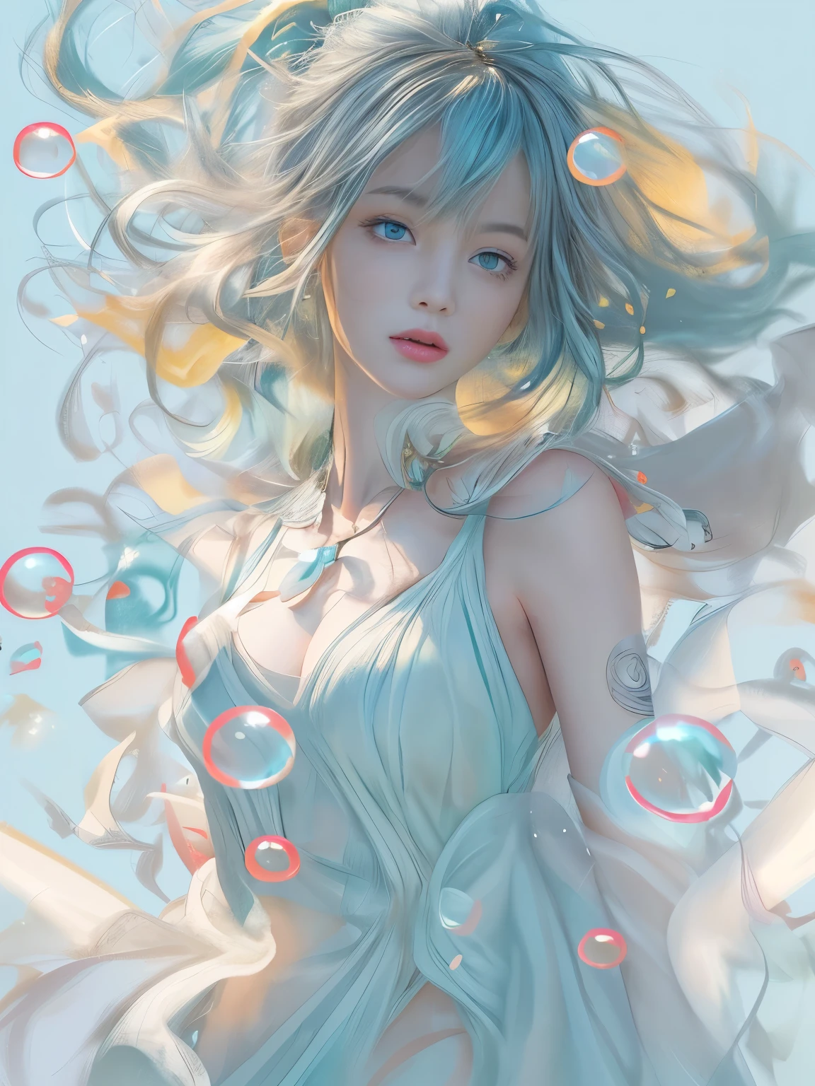 (masterpiece), (highest quality), (Super detailed), (Disheveled Hair), (figure), (One Girl), (Fashionable clothes), Are standing, Fashion Model, Beholder, (interview), (Simple Background), Beautiful and beautiful eyes, Delicate and beautiful face, floating, (High chroma), (Colorful Splash), Colorful Bubbles, (Shine), Focus on the face, ponytail, Light blue hair, bangs, Hair Ring, floating Flowers, floating Hairs, (The Shining), Best lighting, Best Shadow,  Big firm bouncing Breasts
