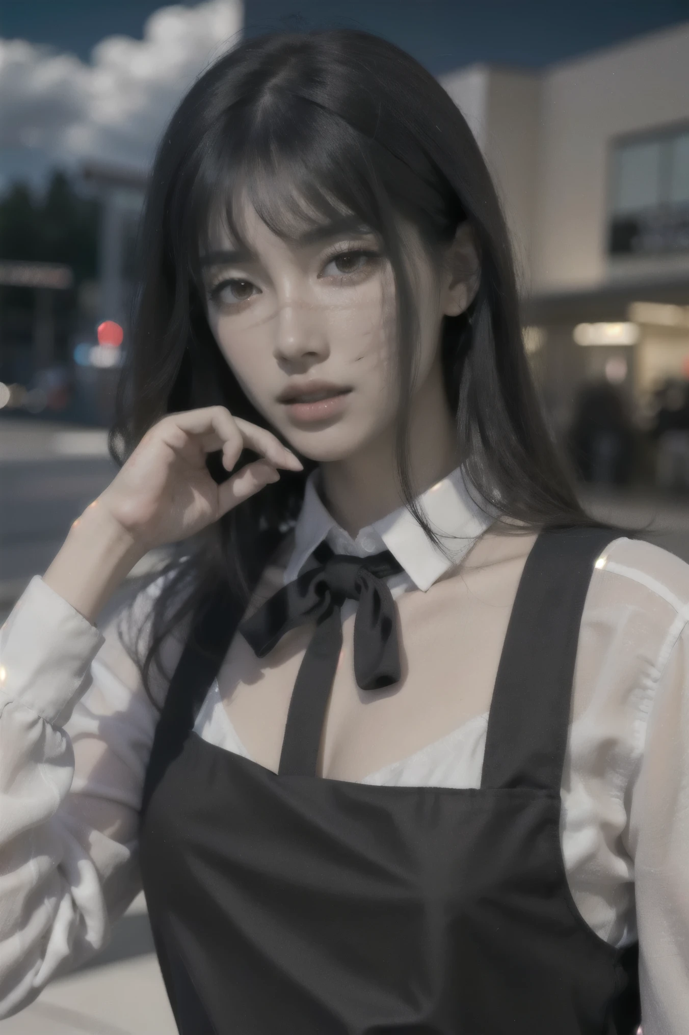 (Surreal), (figure), (High resolution), (8k), (Very detailed), (best figure), night ( Chainsaw Man ), (Beautiful fine details), (highest quality), (Super detailed), (masterpiece), (wallpaper), (Detailed face), alone, Upper Body, Focus on the face, 1 girl, Long black hair, Korean, Light eyeshadow, Well-detailed eyes, Brown eyes, Small mole under eye, Long sleeve shirt, Neck Bow, Small breasts, Apron dress, Dynamic pose, Low light, night, dark, cloud, dark night