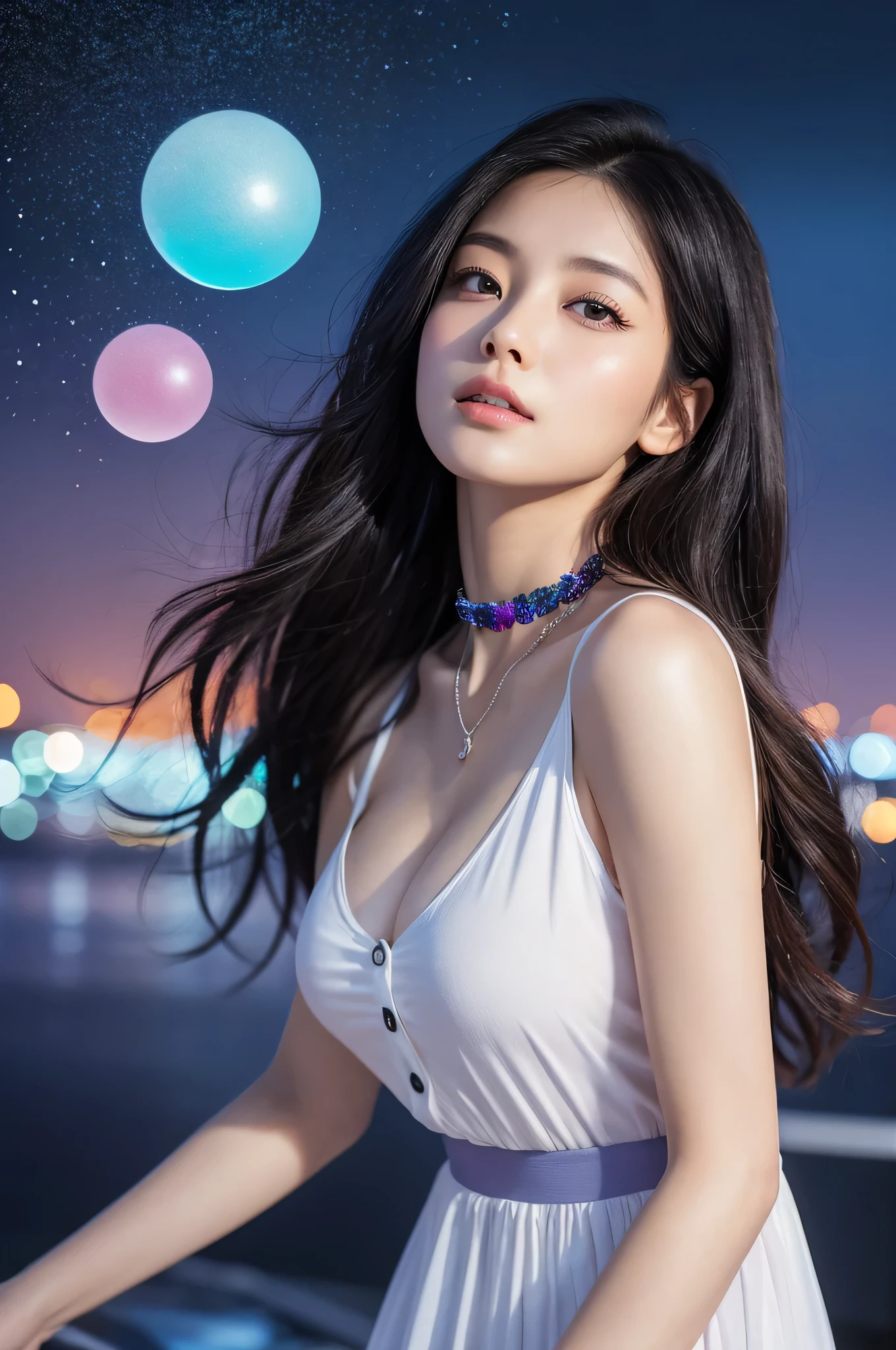 Full Body: Fantastic and artistic portraits incorporating contemporary Japanese elements。The model is a beautiful Japanese woman.、Her hair is silver and loosely tied up。Hair is shoulder length、It depicts natural waves.、Some hair falls loosely around the face。her eyes are bright blue、Those eyes are filled with deep emotion。The colorful eye makeup makes her eyes stand out even more.、Especially blue、purple、Pink shades are used。Her skin is transparent、Surrounded by soft light。
She is wearing a white V-neck T-shirt.、The simple design accentuates her natural beauty.。The T-shirt is a little loose、There are small silver decorative buttons on the chest.。Around her neck is a simple black choker.、There is a small silver ring in the center.。Her expression is calm、It exudes a somewhat dreamy atmosphere.。
Abstract paint splatters and lines have been added to the background.。Vibrant colors mixed together、A sense of movement and vitality。The color is blue、purple、pink、Money、Orange, etc.、A variety of colors are used、Give the viewer a visual stimulus。This abstract background gives her portrait a dreamy feel.。
moreover、The background depicts a fantastical scene with countless floating bubbles enveloped in money and orange light.。The bubbles come in various sizes、The way the light reflects off the bubbles and sparkles is beautiful.。Rainbow-colored reflections can be seen in the bubbles.、The overall effect is a dreamlike atmosphere.。The arrangement of the bubbles is random yet balanced.、Visually pleasing。The background light is warm、Her silhouette is softly illuminated。
Tiny particles of light float within the bubbles.、Each has a slightly different hue。This、The entire background is given a sense of movement and life.。The transparency of the bubbles and the reflection of light、It emphasizes the overall fantasy theme.。I can't see the source of the light in the background、Gives an overall glow and brightness。
There are tiny particles of light floating around her.、This enhances the fantastic atmosphere even more.。The particles of light are like stardust、There is a mysticism surrounding her existence.。These elements combine、Her portraits are kind of dreamy.、It is a beautiful work of art where reality and fantasy intersect.。
as a whole、This image combines modern Japanese beauty with elements of fantasy art.、Make a strong impression on the viewer。Her beauty and the gorgeous background are in perfect harmony.、It exudes a poetic atmosphere, as if a moment had been captured.。This portrait is、The aim is to provide an experience that allows you to move between the beauty of reality and the world of fantasy.。