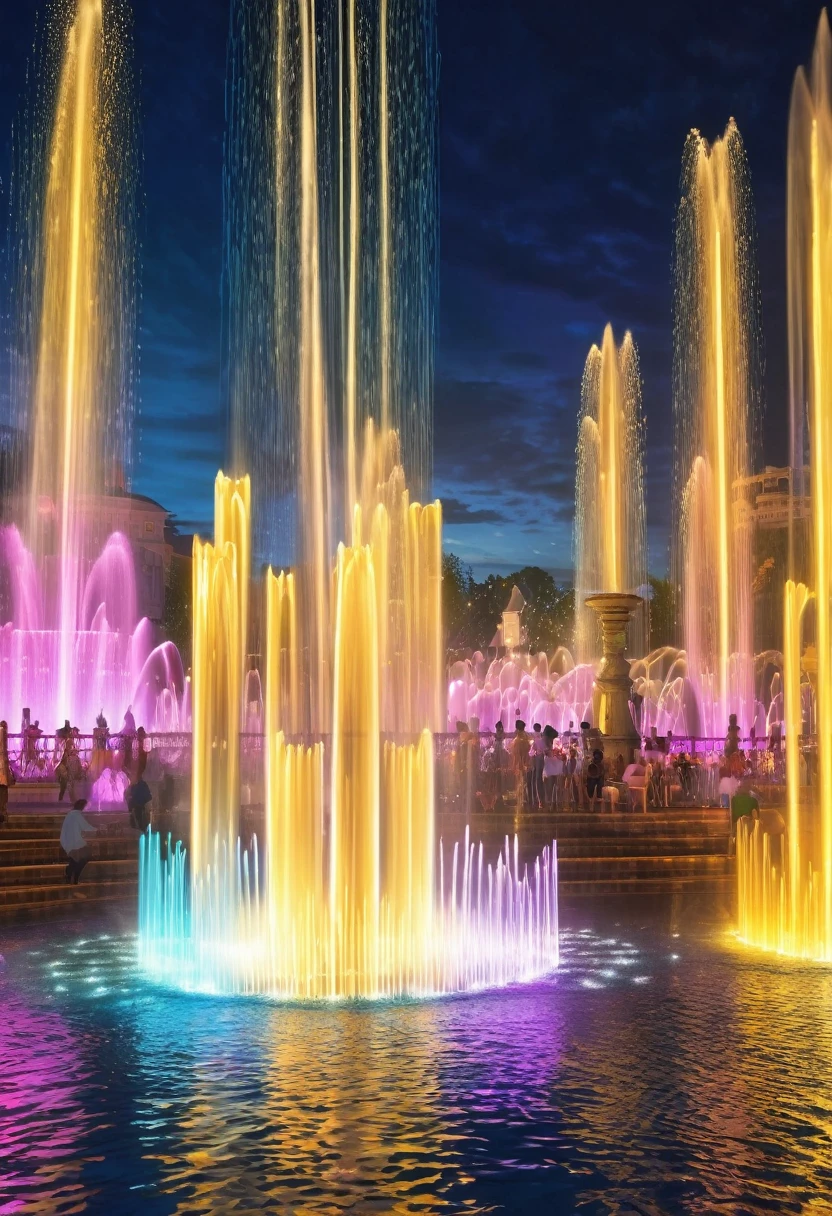 Dancing water columns of musical fountain、Create a variety of patterns of light and water column combinations，Create a colorful scene，Detailed fantasy digital art，Highly detailed digital art in 4K，Fantasy Art Action，gorgeous、gold、high quality images