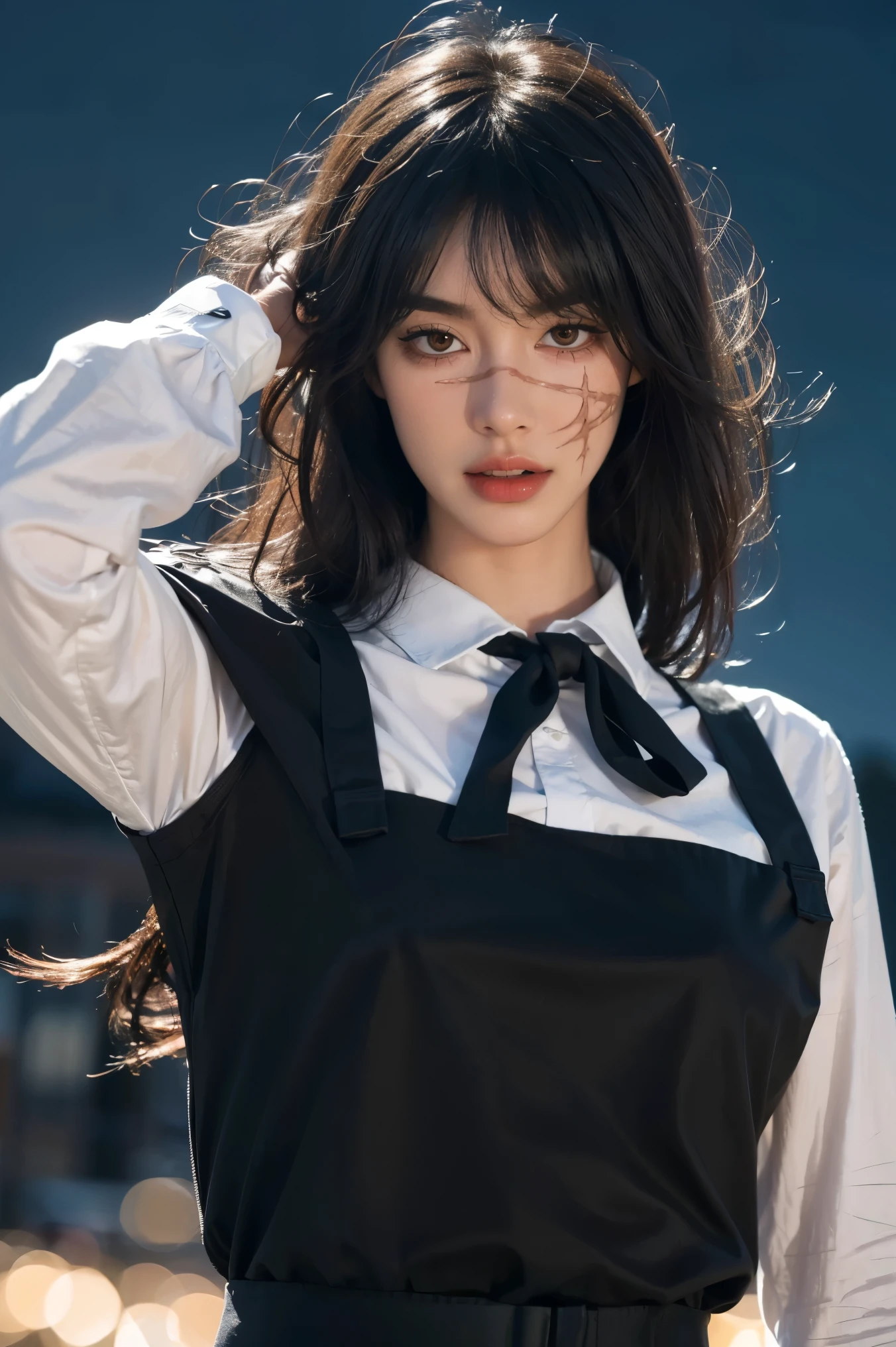 (Surreal), (figure), (High resolution), (8k), (Very detailed), (best figure), night ( Chainsaw Man ), (Beautiful fine details), (highest quality), (Super detailed), (masterpiece), (wallpaper), (Detailed face), alone, Upper Body, Focus on the face, 1 girl, Long black hair, Korean, Light eyeshadow, Well-detailed eyes, Brown eyes, Small mole under eye, Long sleeve shirt, Neck Bow,  Large Breasts, Apron dress, Dynamic pose, Low light, night, dark, cloud, dark night