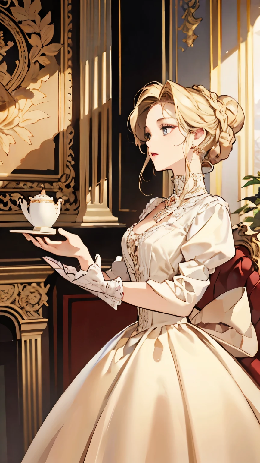 Beautiful aristocratic woman of victorian era, Europe in the 18th century, blond，Exquisite high bun braid hairstyle, curls, elegant ballroom dress, Standing in the luxurious banquet hall, Delicate and meticulous, 8K, Reality, Dramatic Lighting, high quality, Complex design, classical portrait