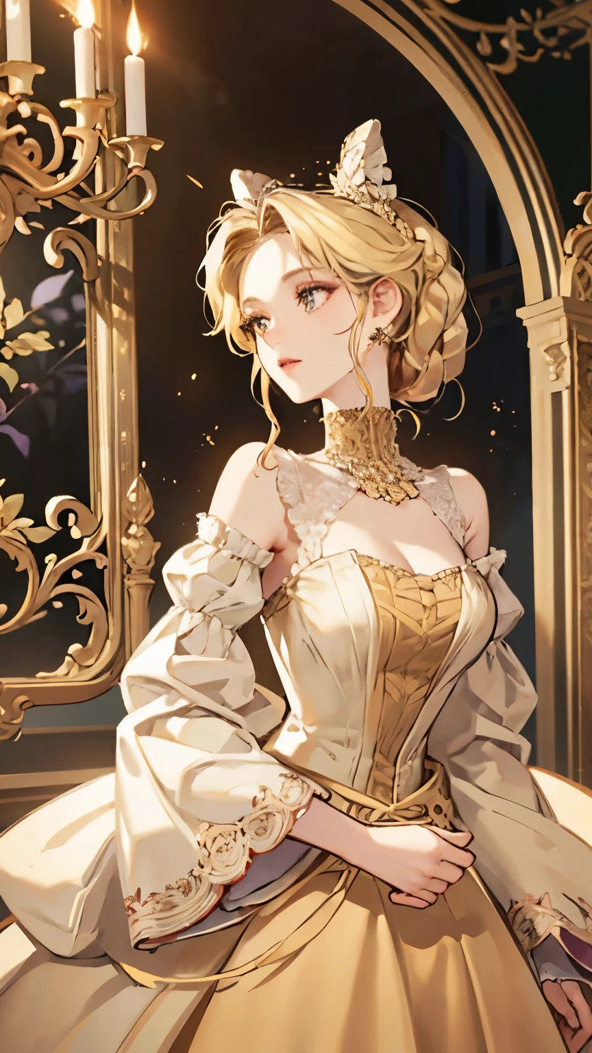 Beautiful aristocratic woman of victorian era, Europe in the 18th century, blond，Exquisite high bun braid hairstyle, curls, elegant ballroom dress, Standing in the luxurious banquet hall, Delicate and meticulous, 8K, Reality, Dramatic Lighting, high quality, Complex design, classical portrait