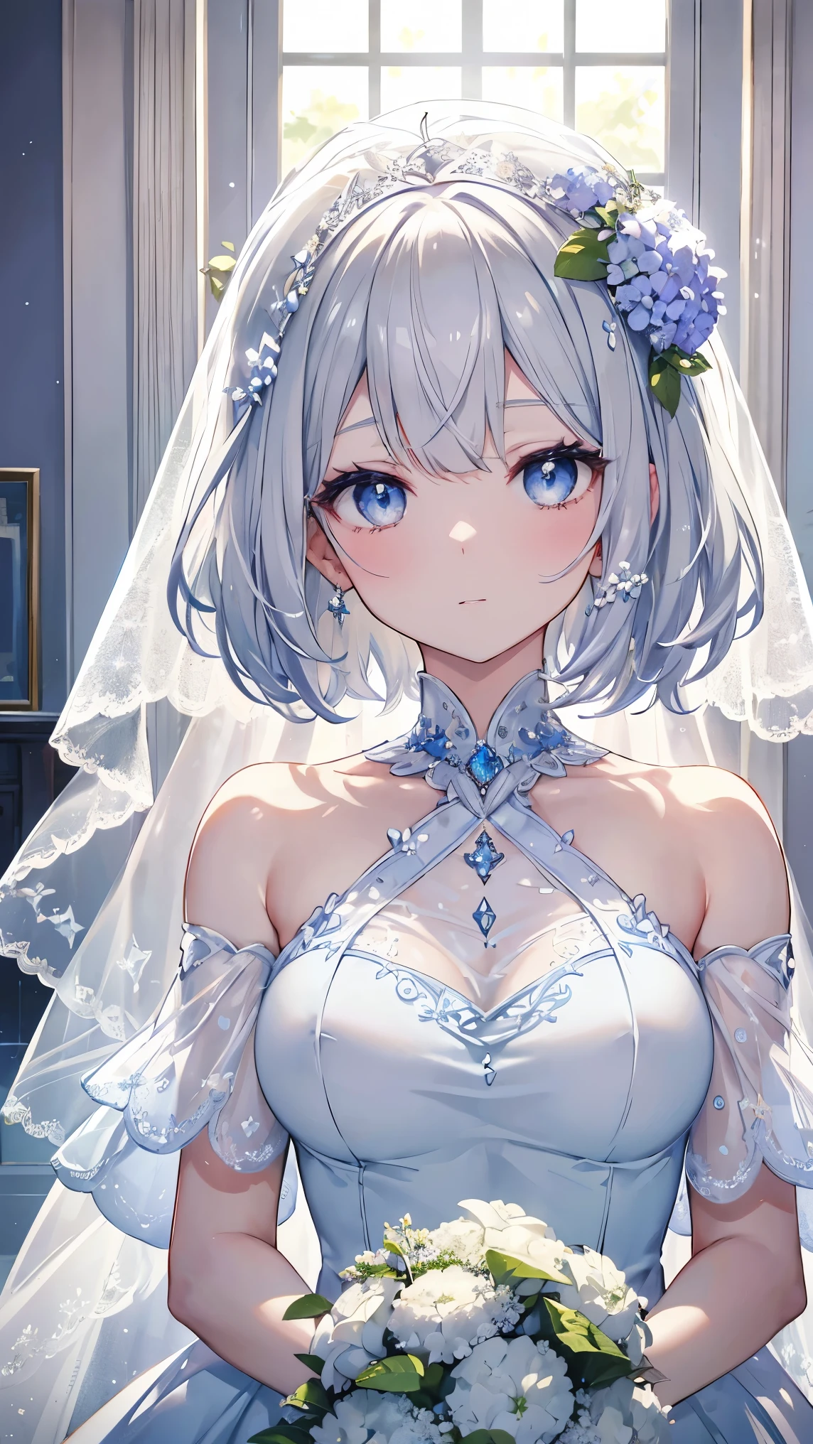 Short Hair、Gray Hair、Straight Hair,Long Bangs,Detailed sparkly eyes、Blue Eyes,Straight face、Embarrassing、shine、reflected light、Film Grain、masterpiece、Textured Skin、Super Detail、High Detail、high quality、最high quality、High Resolution、16k、shine、Wedding dress,hydrangea,whole body,Veil