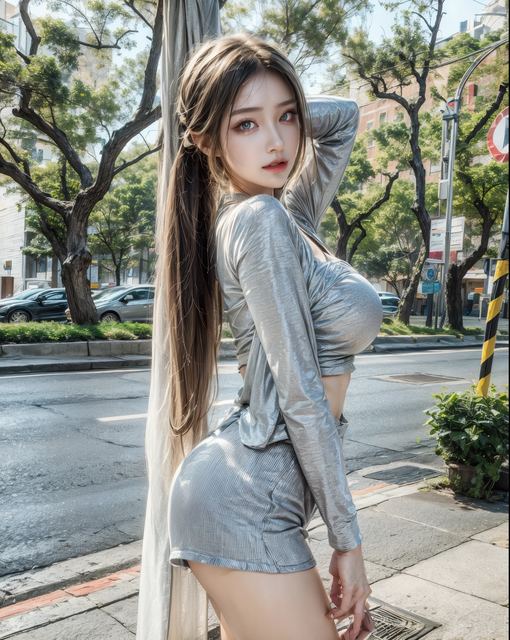 realistic, 1 women, best quality, 12k, HD, long hair, big round breasts, cleavage, ponytail, necklace, jewelry, shorts, short jacket, slim hips, hair tie, yellow eyes, black hair, super detailed, Eye details, hair details, person details, mouth details, face details, breast details, clothes details, hair details, pants details, hand details, whole body