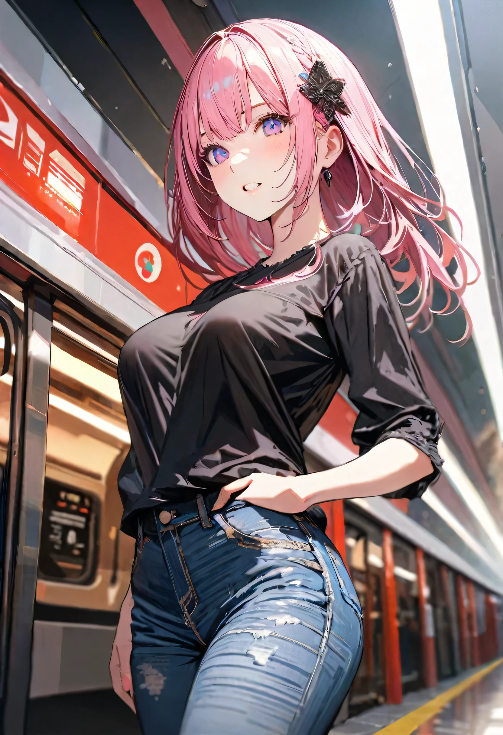 (masterpiece), (highest quality), (High resolution), detailed, (Complex detailed 1.2), (Hyper detailed 1.4), (Gorgeous Digital Art 1.2), Absurd, One girl, Large Breasts, teeth, hair ornaments, alone, Pink Hair, (Black Shirt:1.3), jeans, (station:1.2) running, Thighs, Short Stack, 