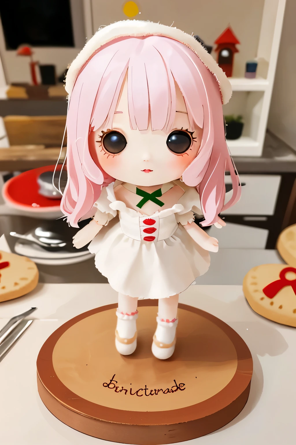 Photorealistic、Chibi Girl Doll（Posing in front of a gingerbread house）