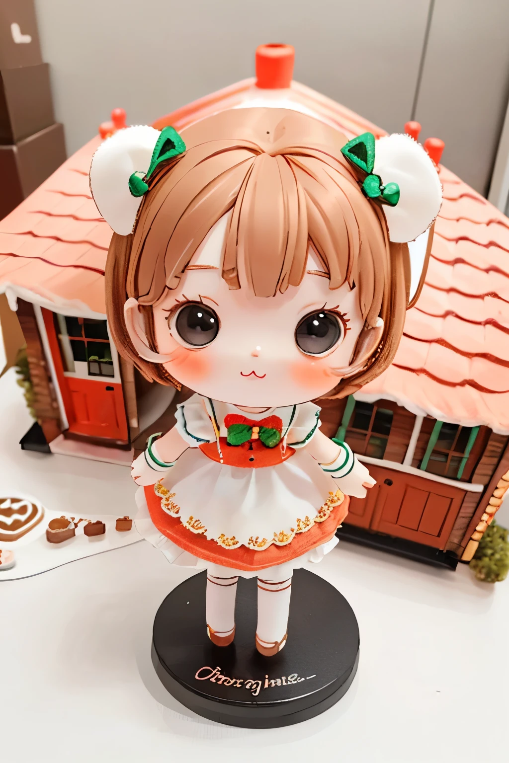 Photorealistic、Chibi Girl Doll（Posing in front of a gingerbread house）