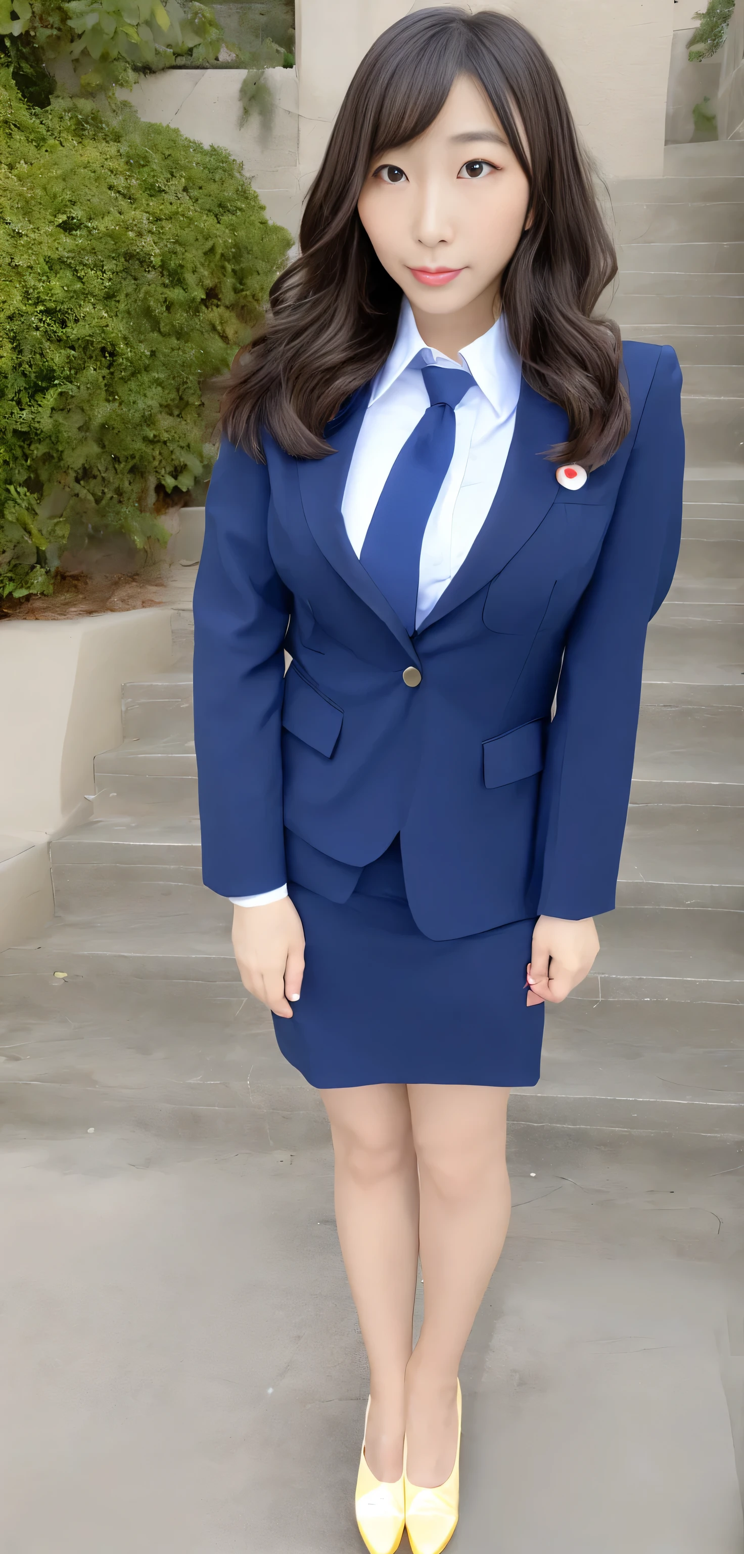 Japanese ID, Mature Woman, Wavy black hair with no bangs, Long Hair:1.65, Flashy makeup, Fuller lips, Sexy Gaze, Cute Uniform, looking at the camera, Low angle shooting, Cute duck lips,((Very accurate and correct anatomy)), (masterpiece:1.45), Perfect balance, Realistic photos, Full Shot, whole body, ((height: 148cm)), High heels, loafers, (2 Foot, Two Arms), ((Panty shot)),Big Breasts:1.95