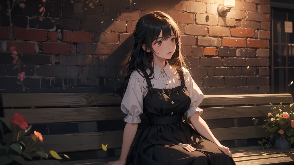 A young woman sits with a sad expression on her face, singing a heartfelt song. She wears a simple dress and sits on an old wooden bench. Behind her, there is a brick wall with large black-painted letters spelling "G-JM," adding a sense of nostalgia and sorrow. The surrounding atmosphere is dimly lit, emphasizing the emotional tone of the moment.