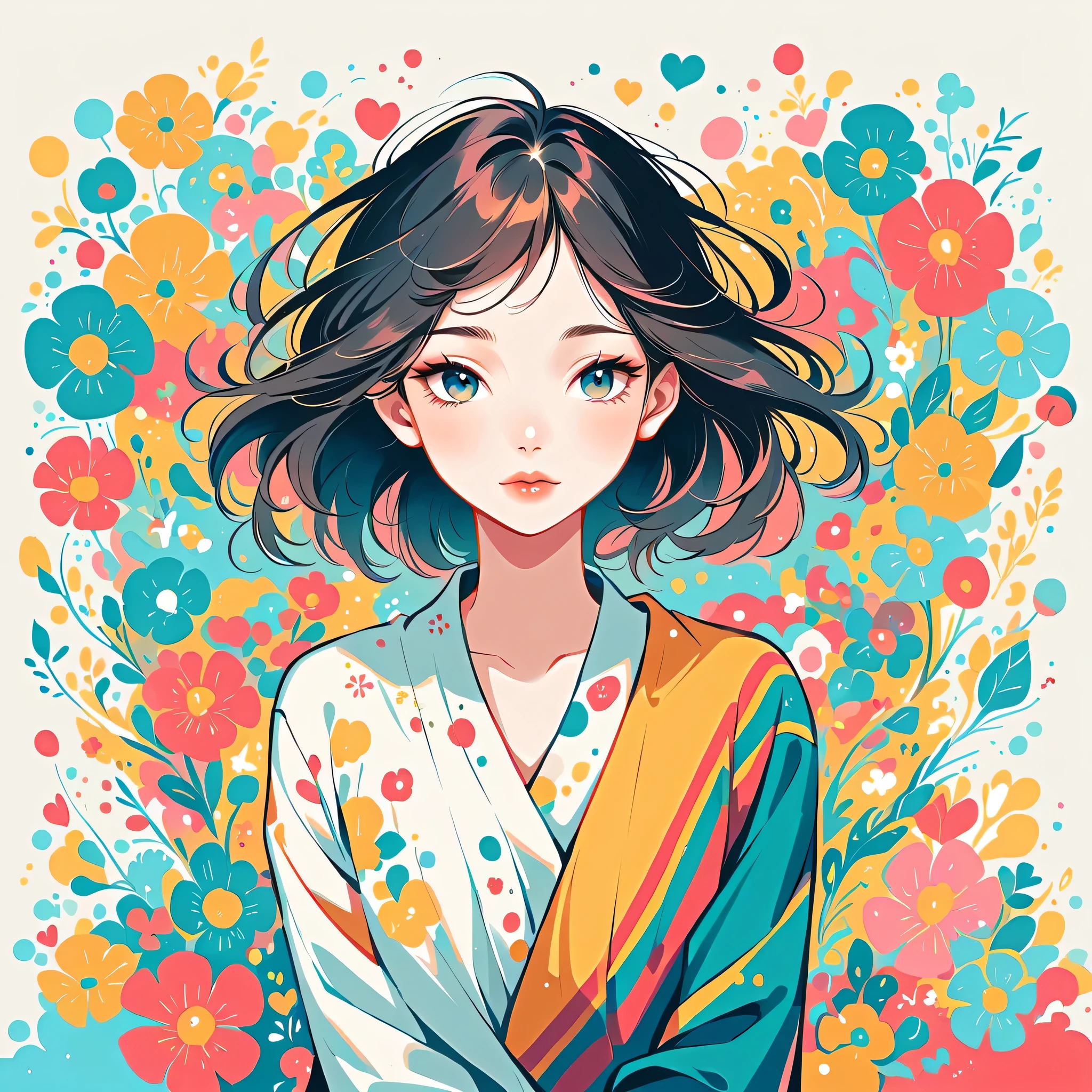 Watase Seizo style, Standing in front of a high wall,Simple Line Initialism,Abstract art,Urban Background, (((The most beautiful girl))), Lips in Love, colorful flowers