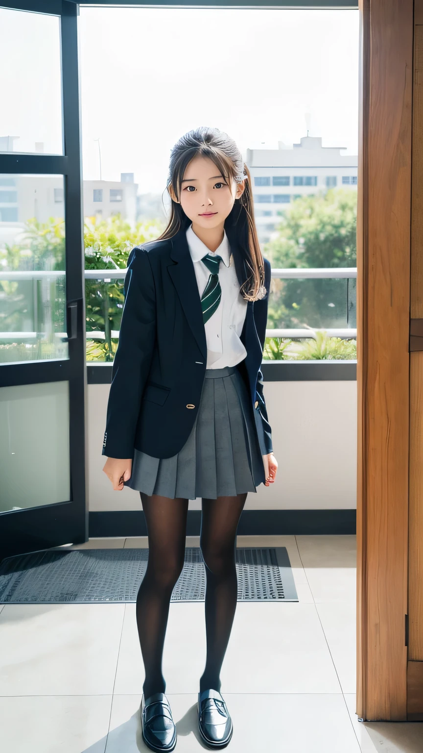 Great quality、8k、flying debris、(RAW Photos:1.4)、High resolution、((Composition away from the subject))、((Full body photo from face to ankles))、((Perfect Anatomy))、1 female 14 years old、Small stature、Detailed skin、Glowing Skin、Baby Face、double eyelid、eyes with long eyelashes、Small face、smile、Open your mouth、Staring out the window in the school hallway、Stretch your back、The windows provide natural light、Realistic school scenery、middle School girl、Blue and grey school bag on shoulder、Slender and delicate body、Small breasts、A blazer uniform with green lines、girl 、Check skirt、healthy、young woman、black tights、black tights、Brown loafers、loafers、Full Body Shot、Beautiful Hairstyles、Accentuates very slim legs