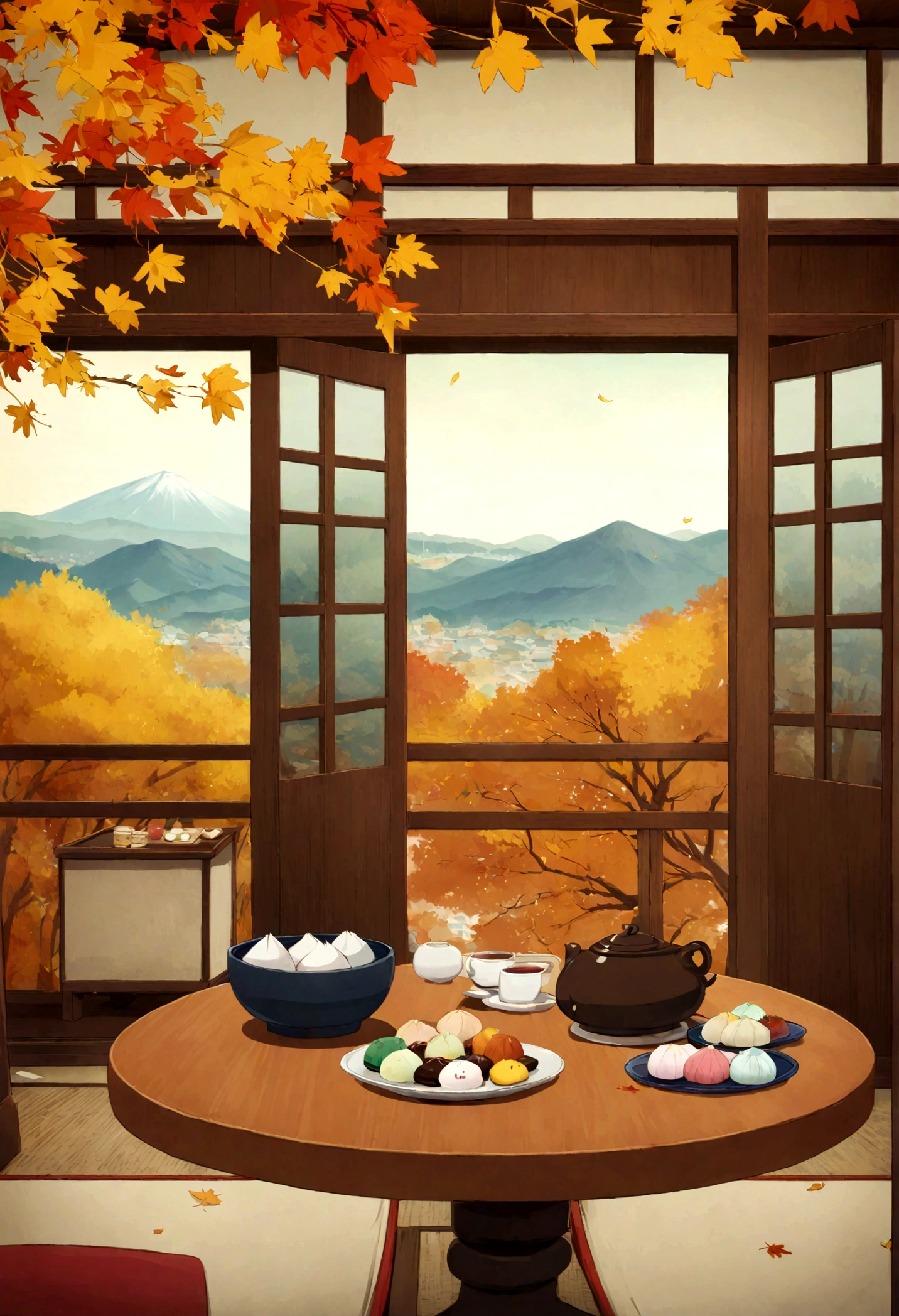 high resolution、Ghibli style、Japan TV anime style、table、Japanese sweets、dumpling、Japanese tea、autumn leaves、Gingko tree、Bright atmosphere、No people、landscape