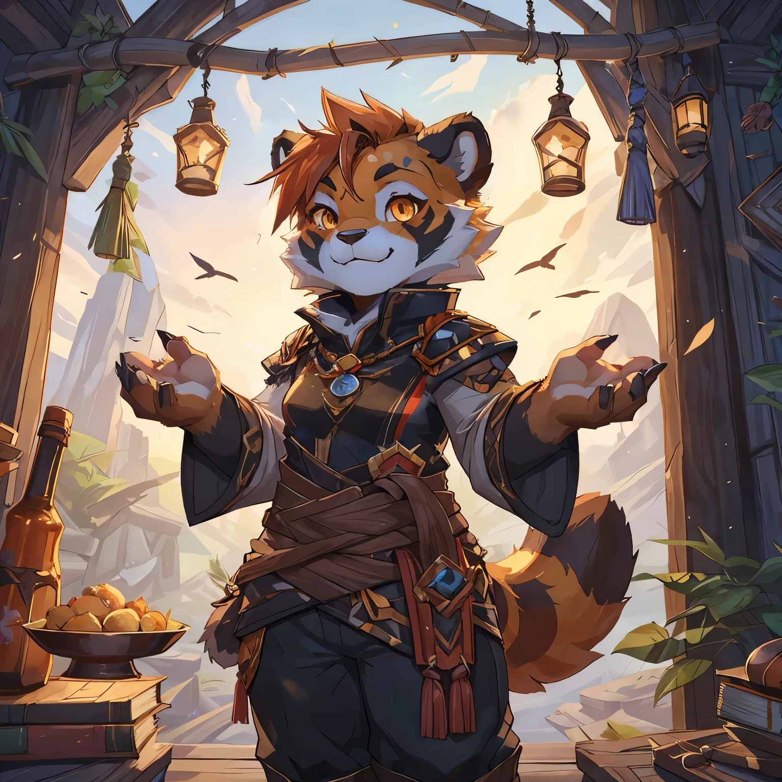 4fingers, small_round_ears, small_panda_ears, pandaren, world_of_warcraft, furry, anthropomorphic, fluffy_tail, foxtail, cfemale, claws, red_panda, tiger_stripes, tiger_face, small_breasts, shortstacK, amber_eyes, simple clothing, detailed_eyes, detailed_face, four_fingers, white_outer_ears, brown_inner_ears