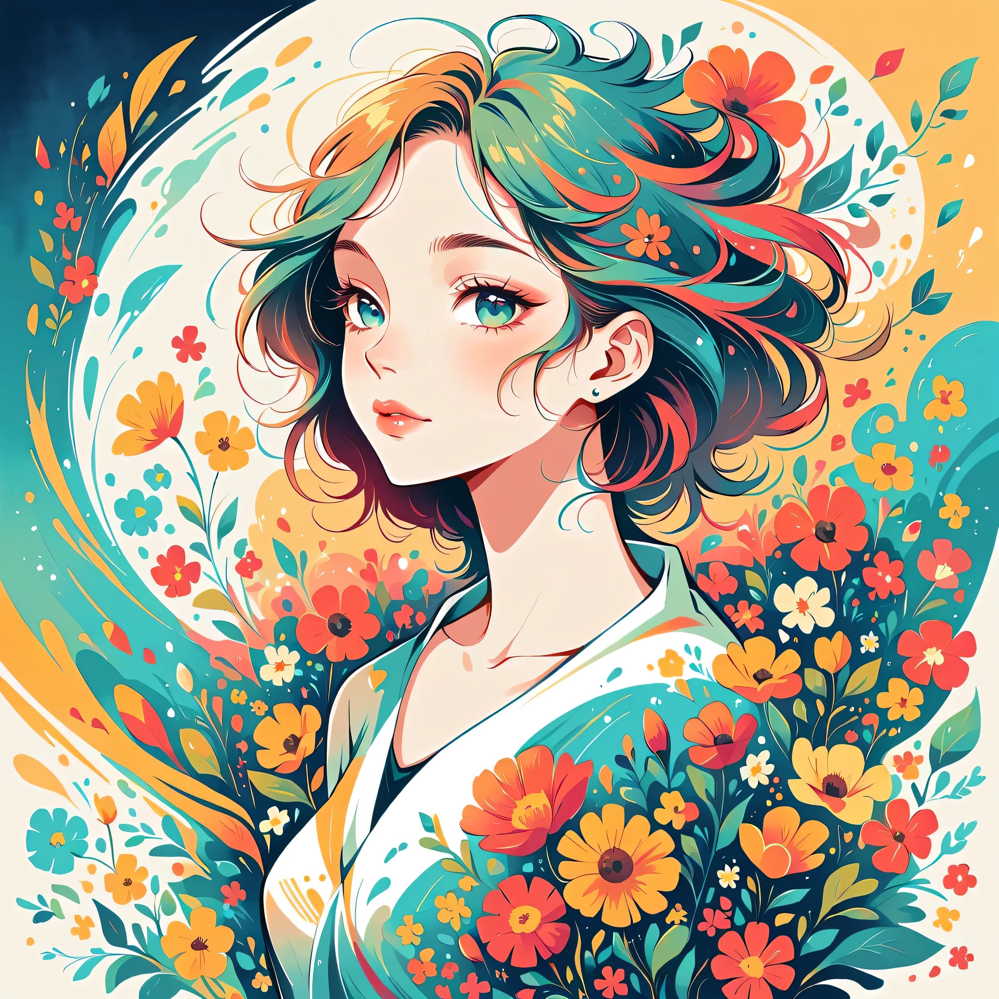 Watase Seizo style, Standing in front of a high wall,Simple Line Initialism,Abstract art,Urban Background, (((The most beautiful girl))), Lips in Love, colorful flowers