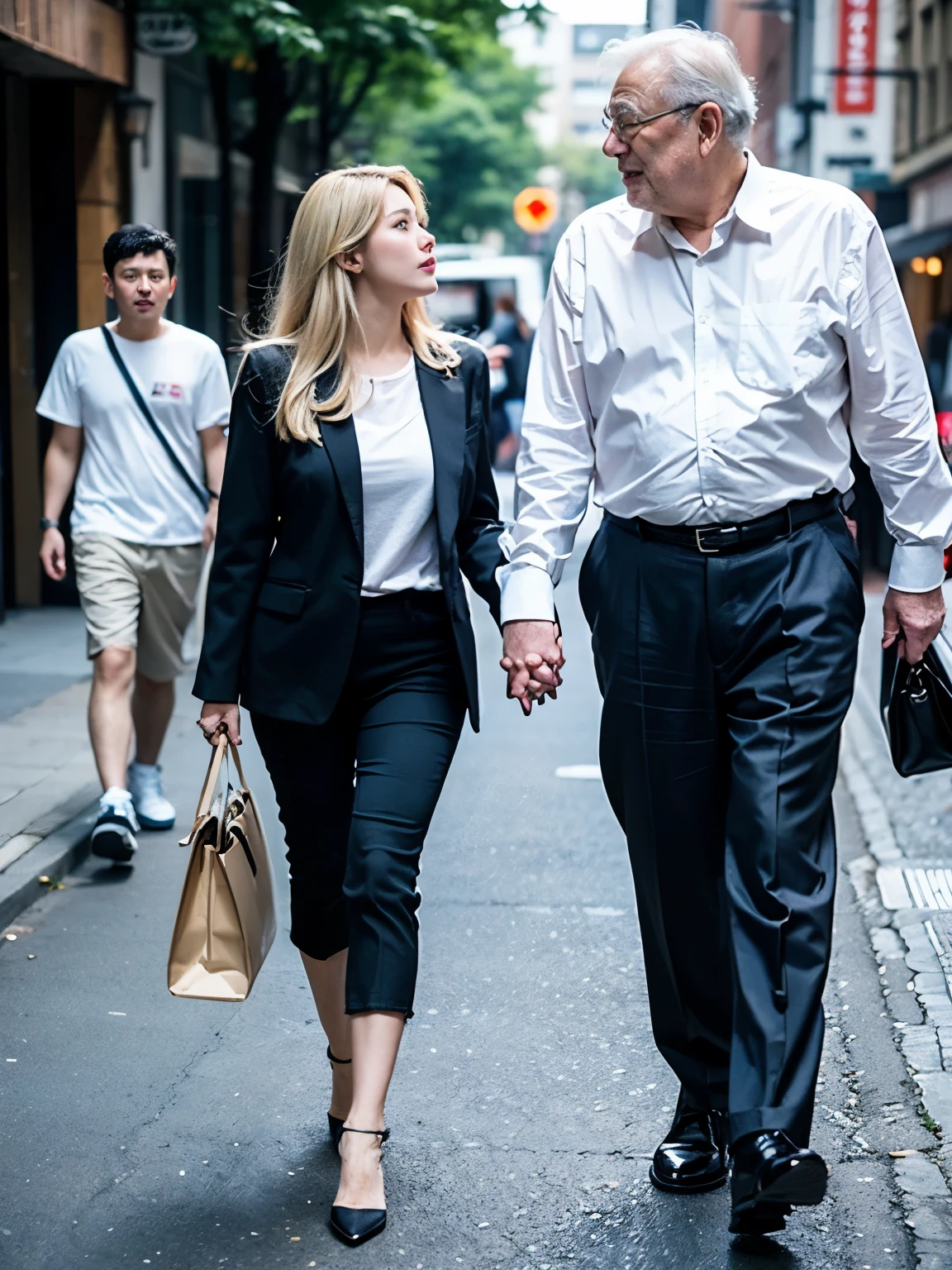 An old man and a young girl, the man is 65 years old, ugly and fat, wears a white shirt and black trousers,  a korean young girl, 18 years old, white skin and blonde long hair, perfect body proportions, big , sexy clothes, the girl kiss old man, man husband and girl wife.  The man kiss the young girl in a street city public.  Sexy girl.  Ugly and fat old man.  Husband and wife.  Realistic.