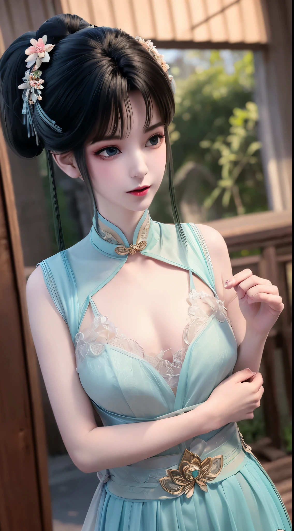 1 beautiful and cute realistic girl, tender young girl, waist length hair, long black hair with a hint of blue, light blue eyes, wearing a long, thin, blue dress with a hanfu style, ((blue dress with white lace border covering the girl's cleavage:0.8)), style hanfu, wearing a thin silk shirt of ancient China, pink and smooth white skin, wearing a discreet ancient style ao dai, appears shoulders and head in the photo,cute little face, eye bags under wet makeup, plump red lips, pout, ((closed mouth:1.0)), balanced incisors, embarrassed, small face makeup detailed and very beautifull, The breasts are super round and tight, breast augmentation, blum boobs, ((cover the girl's chest with a camisole inside:1.2)), blush, from front, wear earrings, necklaces, from above, looking at viewer, upturned eyes, upper body, masterpiece, top quality, best quality, official art, unity 8k wallpaper, highres, ultra-high res, ultra-detailed, (photorealistic:1.2), alone, solo, Only 1 girl, style hanfu Dunhuang, 10x pixels, super realistic, ultra high quality, full body view of the girl, upper body,