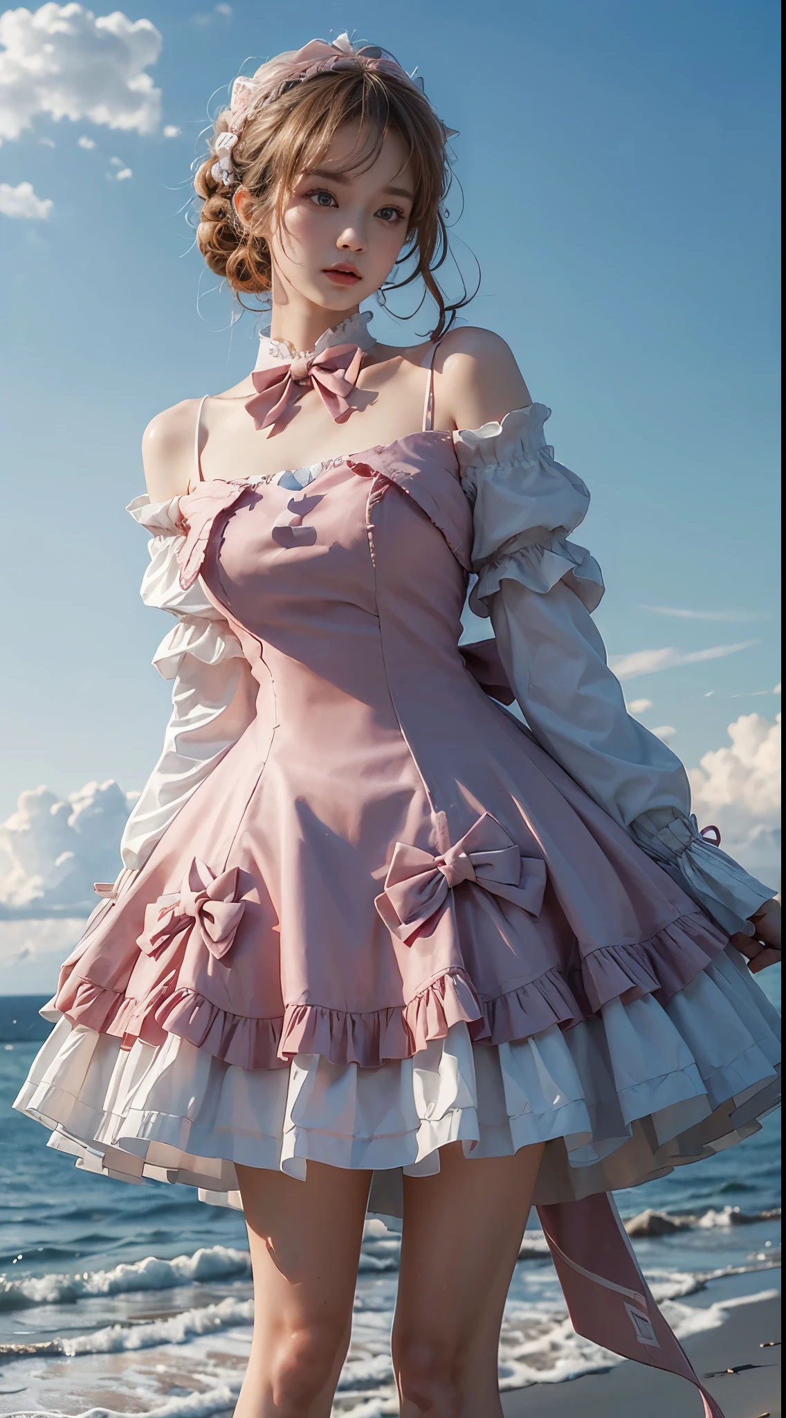 cyb dress, long sleeves, puffy long sleeves, bow,pink dress, ((cowboy shot)), ((Bare shoulder)), ((Short hemlines, sexy long legs)), realistic detailed photo of a giant breasted girl with exposed shoulders, detailed fingers, high quality skin, red eyes, alone in a winter scene with clouds, wind, and flowing hair, (best quality,4k,8k,highres,masterpiece:1.2),ultra-detailed,(realistic,photorealistic,photo-realistic:1.37),studio lighting,vivid colors