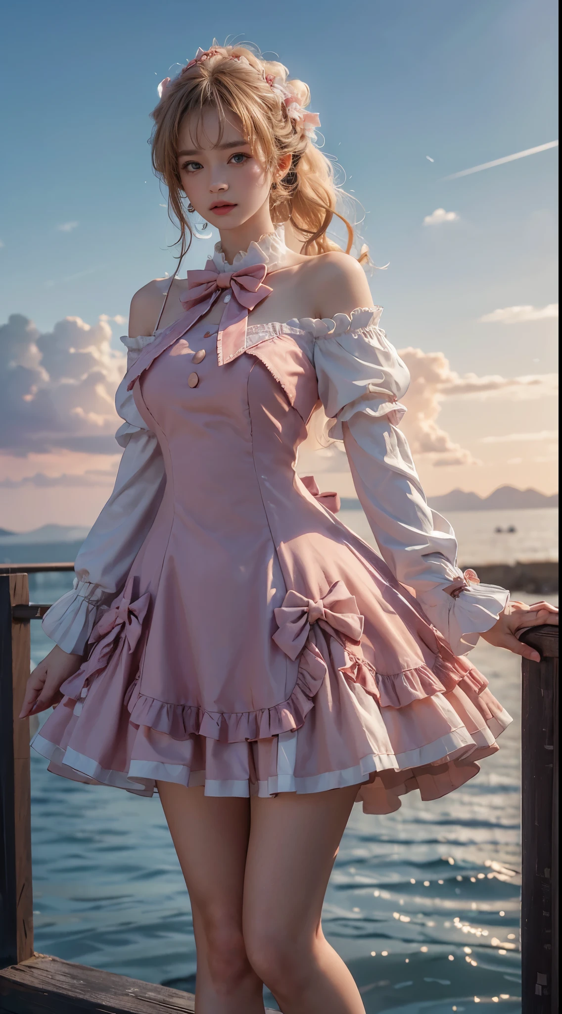 cyb dress, long sleeves, puffy long sleeves, bow,pink dress, ((cowboy shot)), ((Bare shoulder)), ((Short hemlines, sexy long legs)), realistic detailed photo of a giant breasted girl with exposed shoulders, detailed fingers, high quality skin, red eyes, alone in a winter scene with clouds, wind, and flowing hair, (best quality,4k,8k,highres,masterpiece:1.2),ultra-detailed,(realistic,photorealistic,photo-realistic:1.37),studio lighting,vivid colors