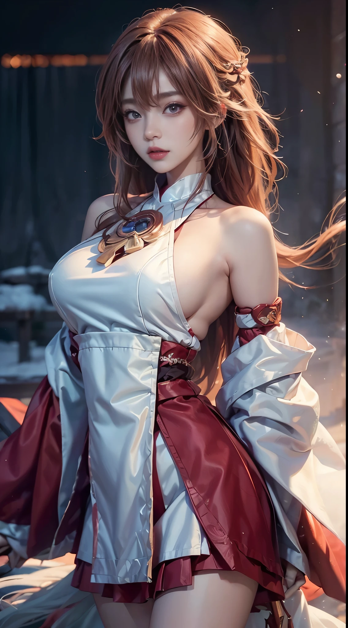 yae_miko, ((cowboy shot)), ((Bare shoulder)), ((Short hemlines, sexy long legs)), realistic detailed photo of a giant breasted girl with exposed shoulders, detailed fingers, high quality skin, red eyes, alone in a winter scene with clouds, wind, and flowing hair, (best quality,4k,8k,highres,masterpiece:1.2),ultra-detailed,(realistic,photorealistic,photo-realistic:1.37),studio lighting,vivid colors