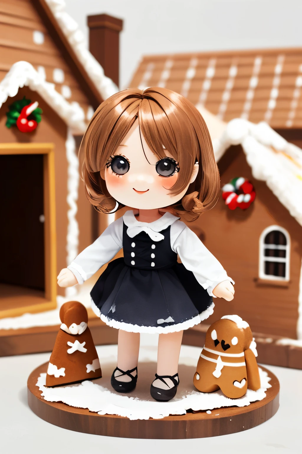 Photorealistic、Chibi Girl Doll（Posing cheerfully in front of a gingerbread house、Dynamic Pose）