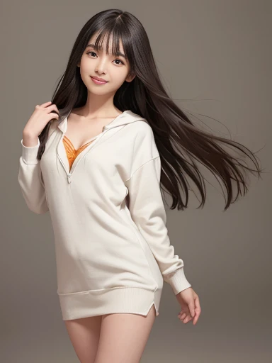 a lot of details, (underweight), 30 years old, detailed black hair, beautiful detailed hair, super fucking beautiful, delicate beautiful face, complex details beautiful and delicate eyes, perfect hands, (flat chest best quality:1.5), perfect and delicate limbs, detailed skin, best quality, ultra-detailed,(cheerful grin:1.3),
girl kawaii, full body, Girls' Front, thick thighs, (standing on one leg), floating long hair, jumper dress school, (hood up), orange Clothes, Kowloon Walled City