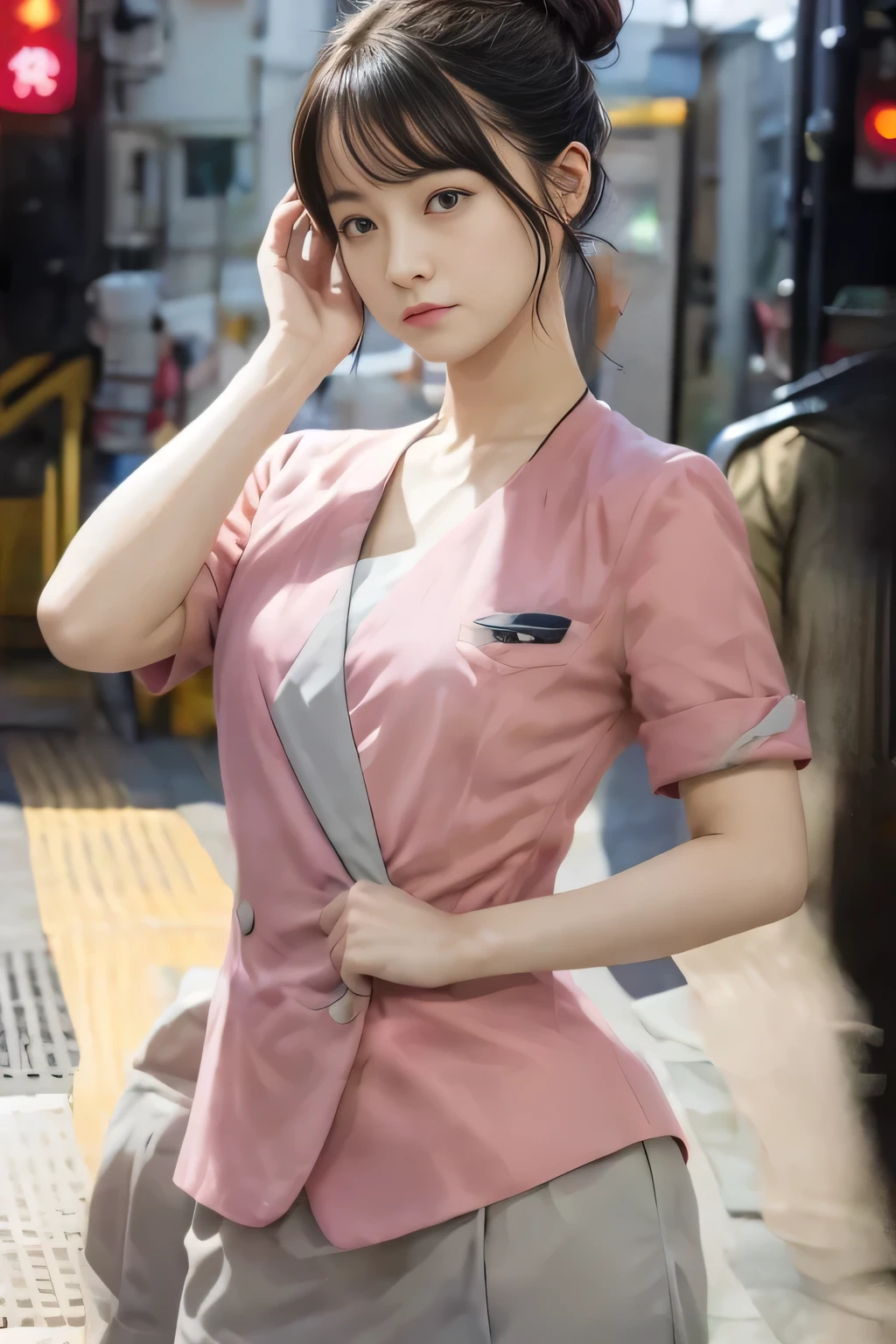 (masterpiece:1.2, highest quality:1.2), 32K HDR, High resolution, (alone、1 girl)、（On the rooftop of a building in the daytime、Professional Lighting）、Building rooftop background、（Nankai train crew uniform pinkを着たリアルスタイル）、（Nankai train crew uniform pink short sleeve pink jacket、Nankai Train Crew Uniform Pink Collarless Short Sleeve Blouse、Nankai Train crew uniform pinkのグレー色のキュロットスカート）、Dark brown hair、（Hair tied up、Hair Bun、Hair Bun）、Dark brown hair、Long Shot、Big Breasts、Thin legs、（（Great hands：2.0）），（（Harmonious body proportions：1.5）），（（Normal limbs：2.0）），（（Normal finger：2.0）），（（Delicate eyes：2.0）），（（Normal eyes：2.0））)、Captivating look、（Nankai Train crew uniform pinkのグレー色のキュロットスカートを見せた美しい立ち姿）、Put your hands down、I have nothing in my hands