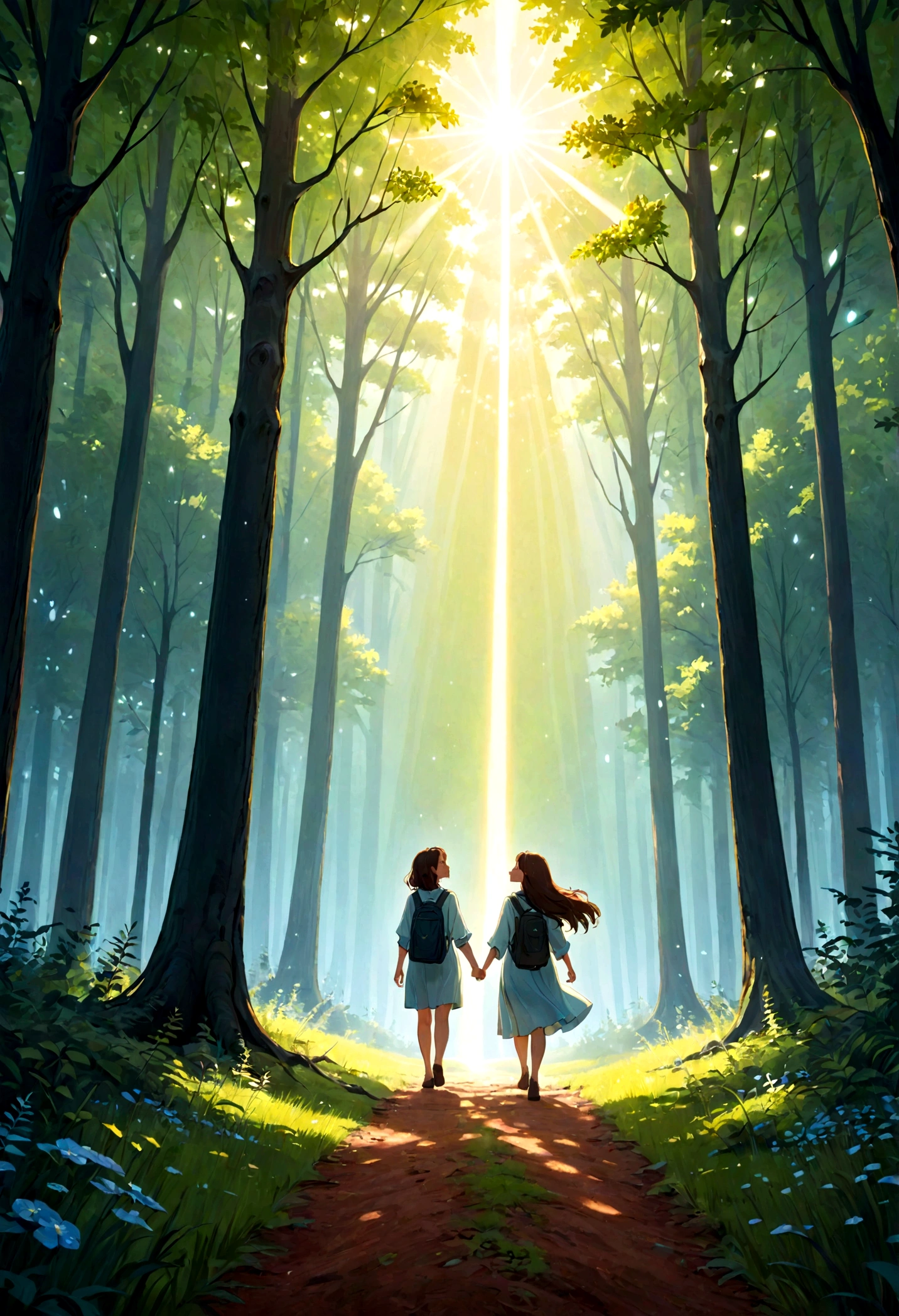 A generous-hearted woman walking in a peaceful forest, noticing an unusual glow among the trees